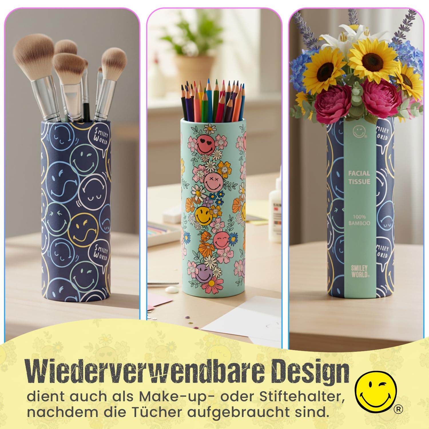 SmileyWorld - Chusteczki cylindryczne - 100% bambus - 3 warstwy - Design Smiley World - Kompaktowy rozmiar do samochodu, domu, plecaka, fotelika dziecięcego, szkolnego – 12 cylindrów