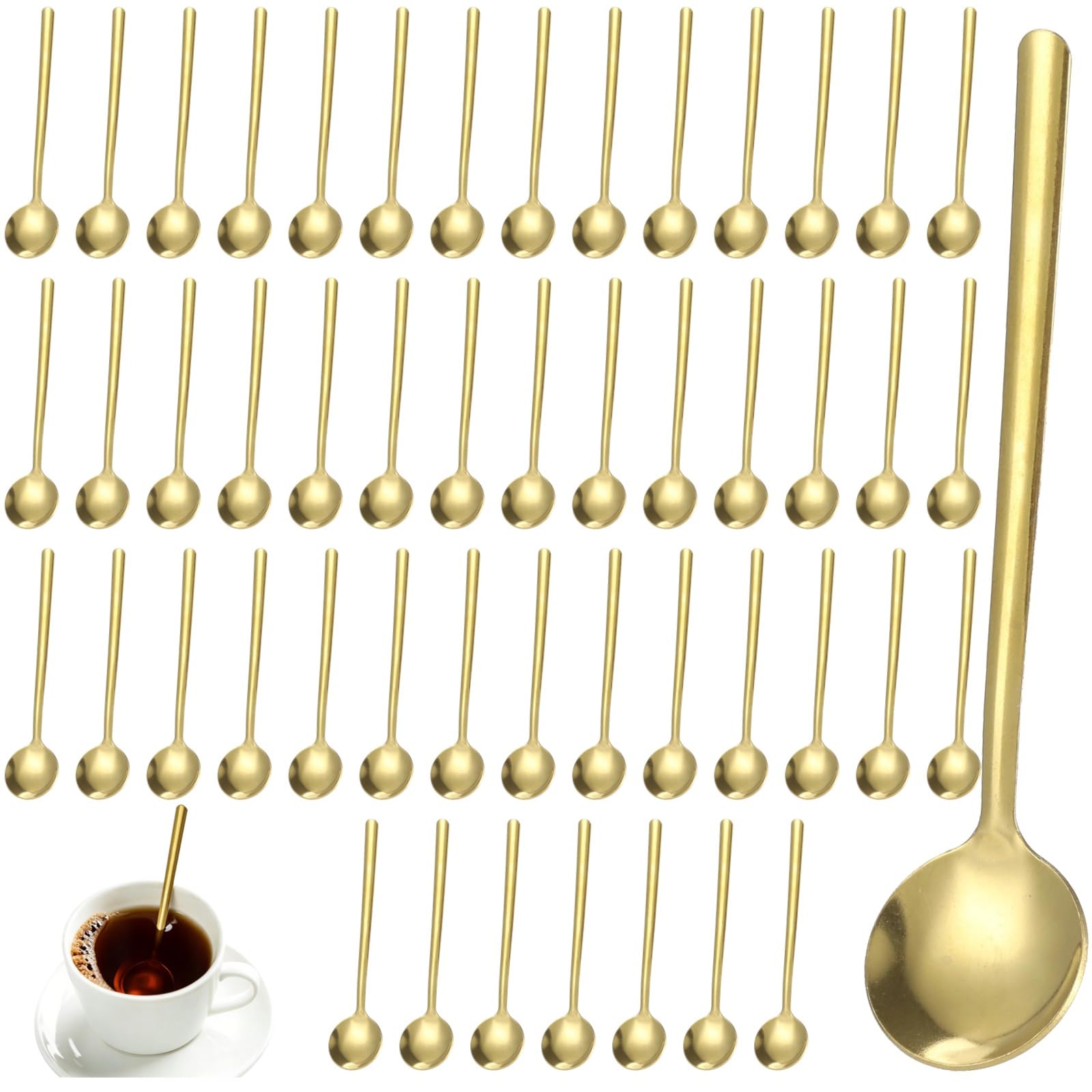 50 cuillères en acier inoxydable, cuillères à café dorées, cuillères à thé à long manche pour remuer, mini cuillères rondes pour dessert, glace, miel, café et thé