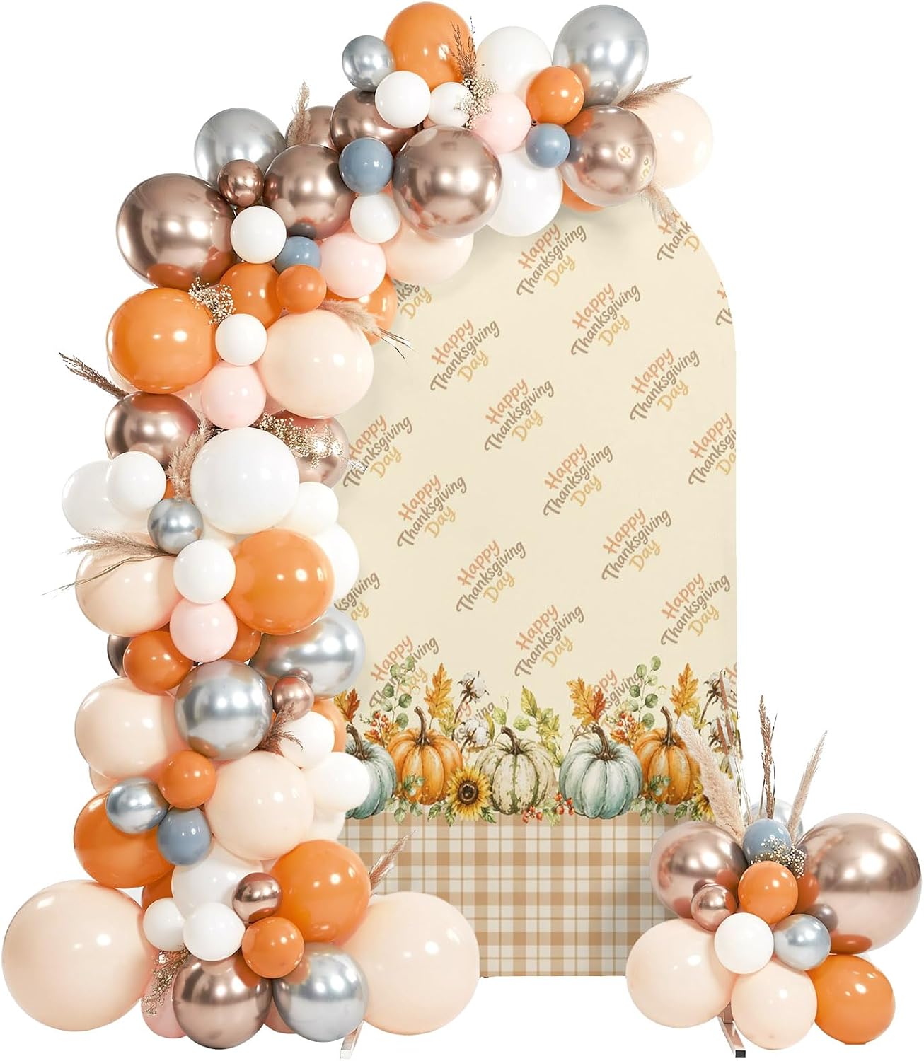 6ft Arch Backdrop Cover, Happy Thanksgiving Day Text Stretch Spandex Arch Stand Cover, Fall Pumpkin Flower Leaf Buffalo Plaid Round Top Chiara Photo Background Decoration for Birthday Party Ceremony