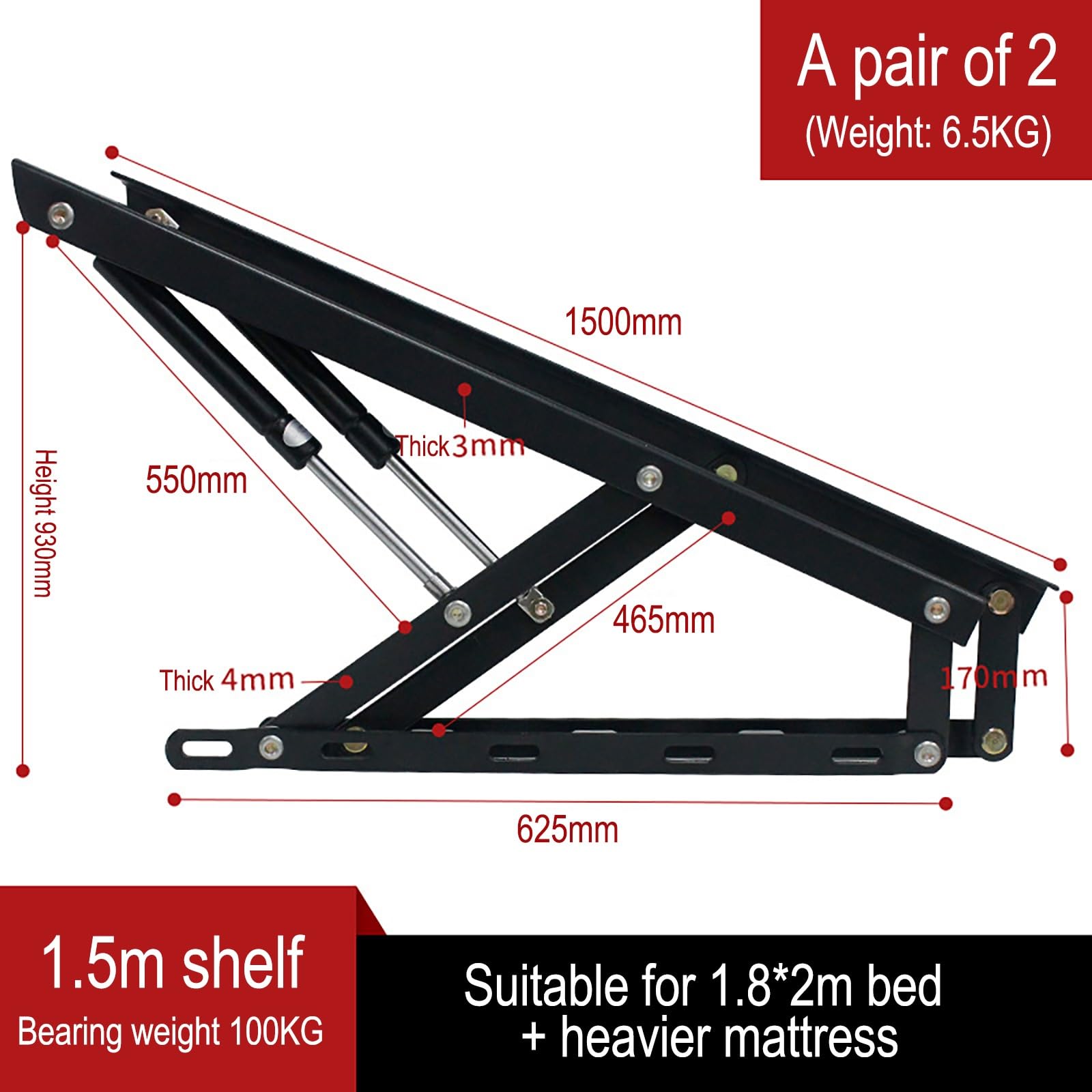 Heavy Duty Tatami Gas Strut Hydraulic Rod, Hydraulic Bed Lift Hinge with Screw, 2Pcs Pneumatic Storage Bed Lift Mechanism(1500mm)