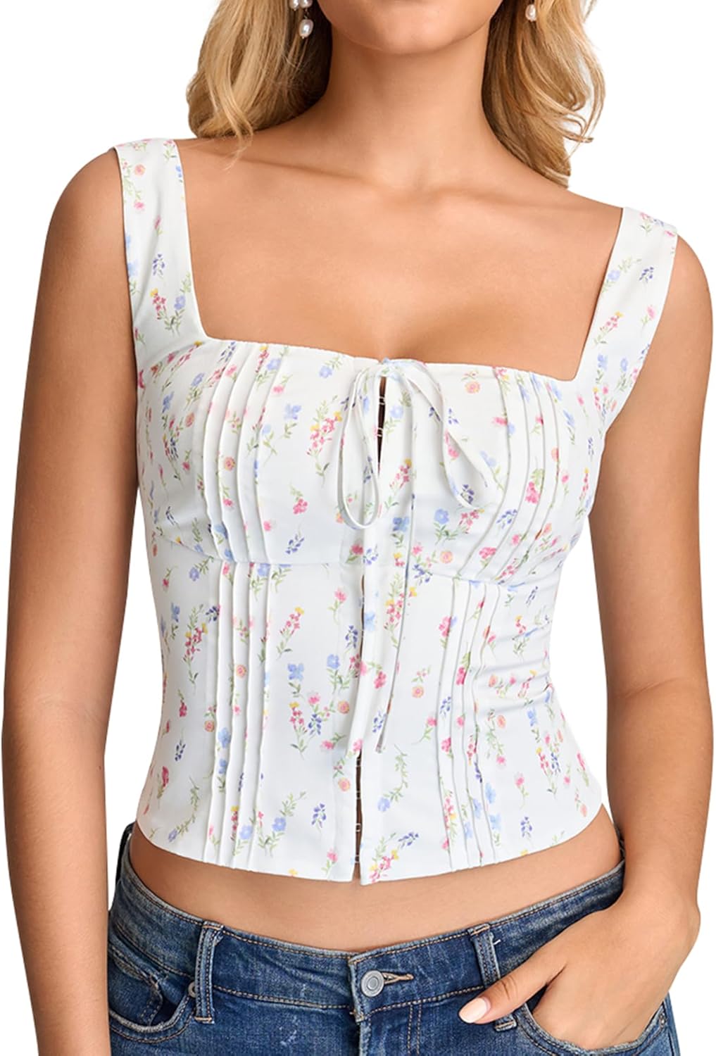 KUTUMAI Floral Corset Top Cute Tie Bustier Y2k Going Out Crop Tops for Women Summer 2026, Lace Up, Hook and Eye