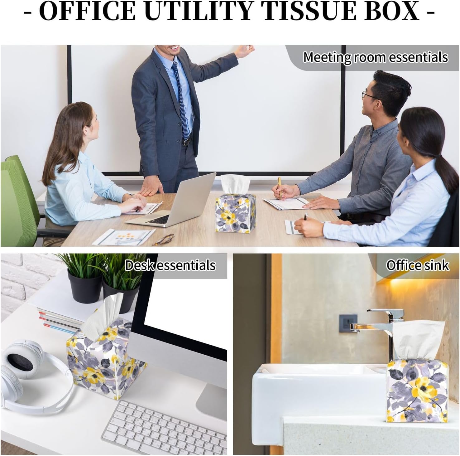 Tissue Box Cover Yellow Flower Grey Leaves Square PU Leather Tissue Box Holder for Car Bathroom Bedroom Desk Tabletop Decor