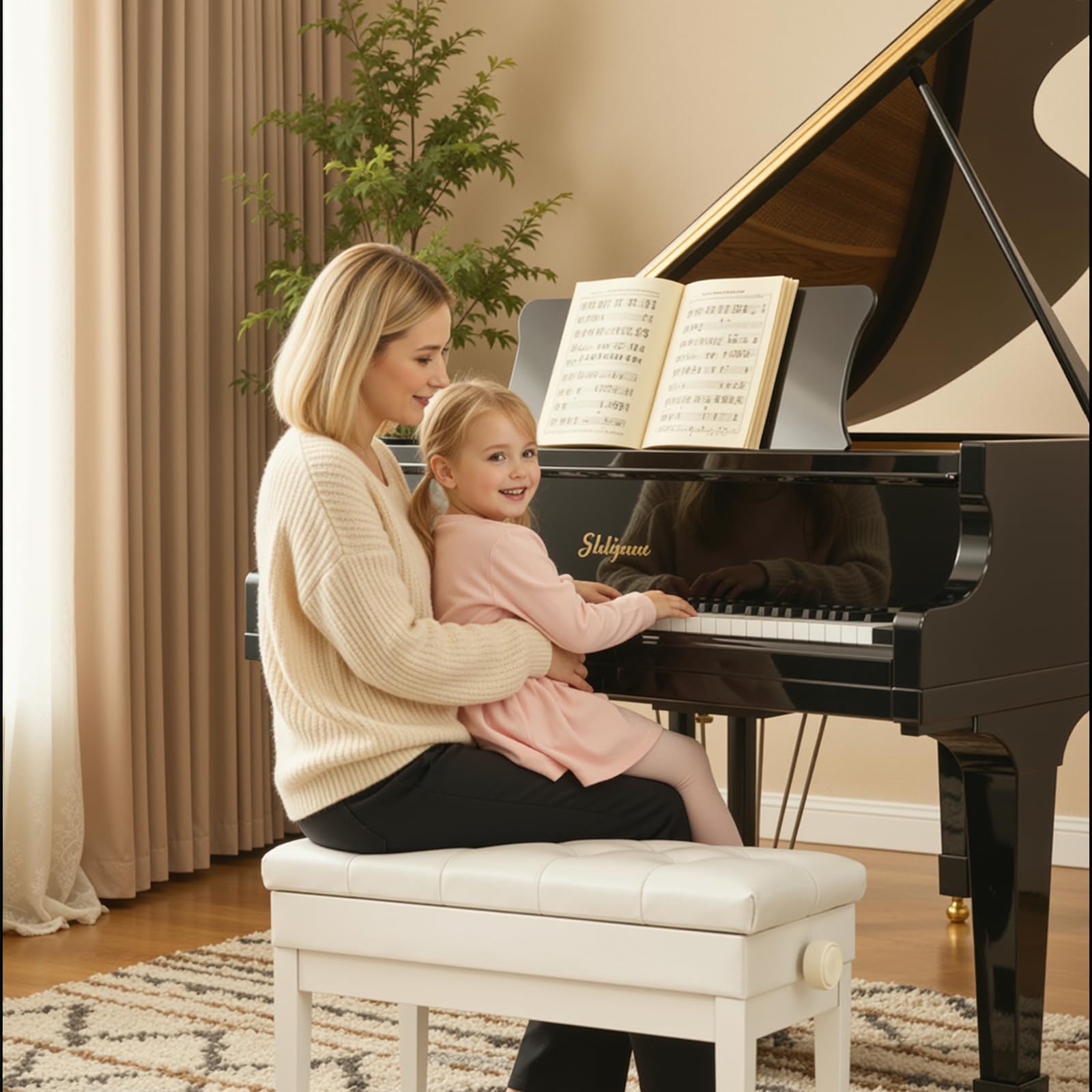 Clevich Sgabello per pianoforte, regolabile in altezza, 48 – 58 cm, con vano portaoggetti, panca per pianoforte con cuscino in pelle PU, sedia per pianoforte, resistente, portata fino a 200 kg, Bianco