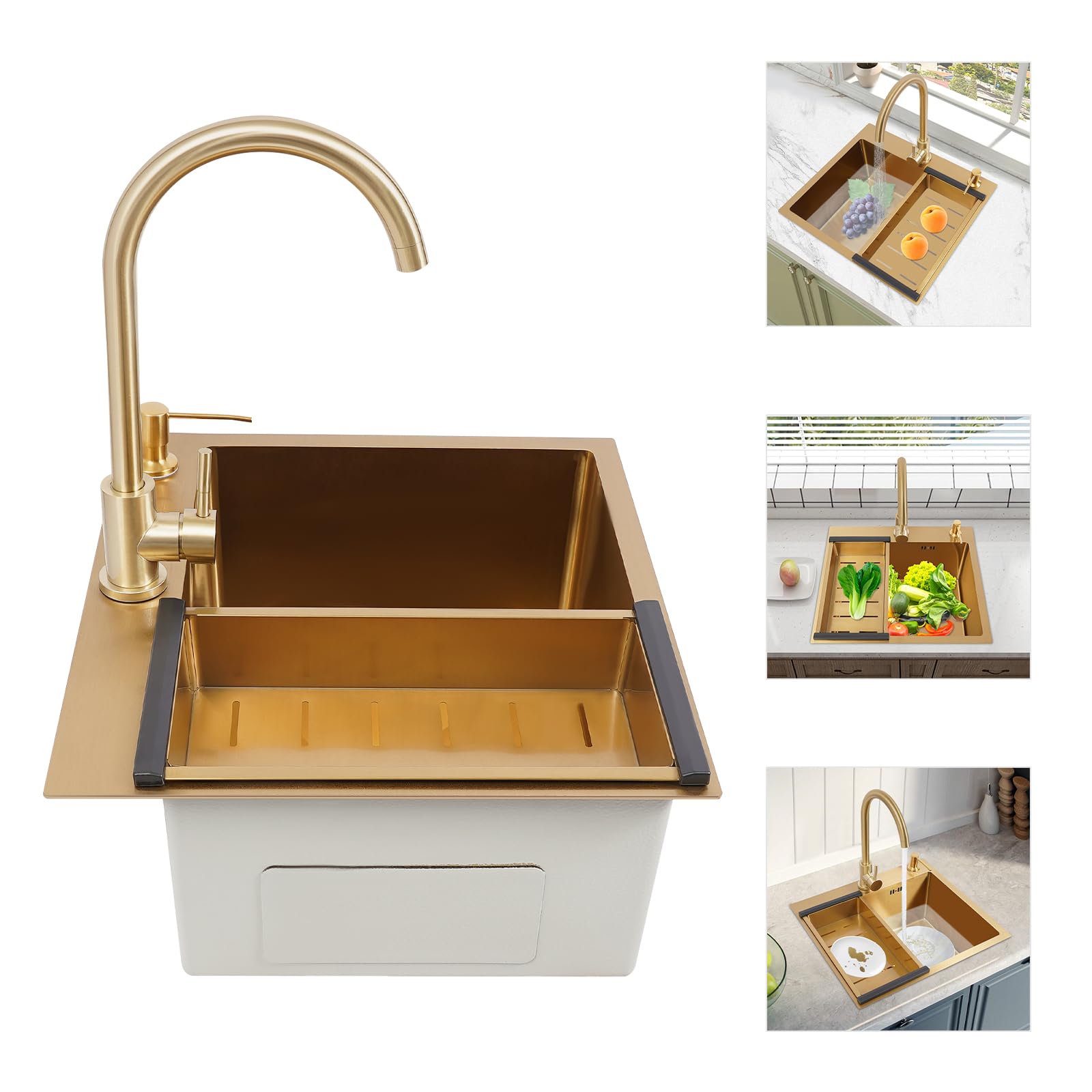 Fregadero de acero inoxidable dorado PVD, con grifo giratorio y dispensador de jabón, drenaje rápido en X, silencioso, anticondente, para cocinas y hogares, diseño moderno con lavabo grande, 50 x 45 x