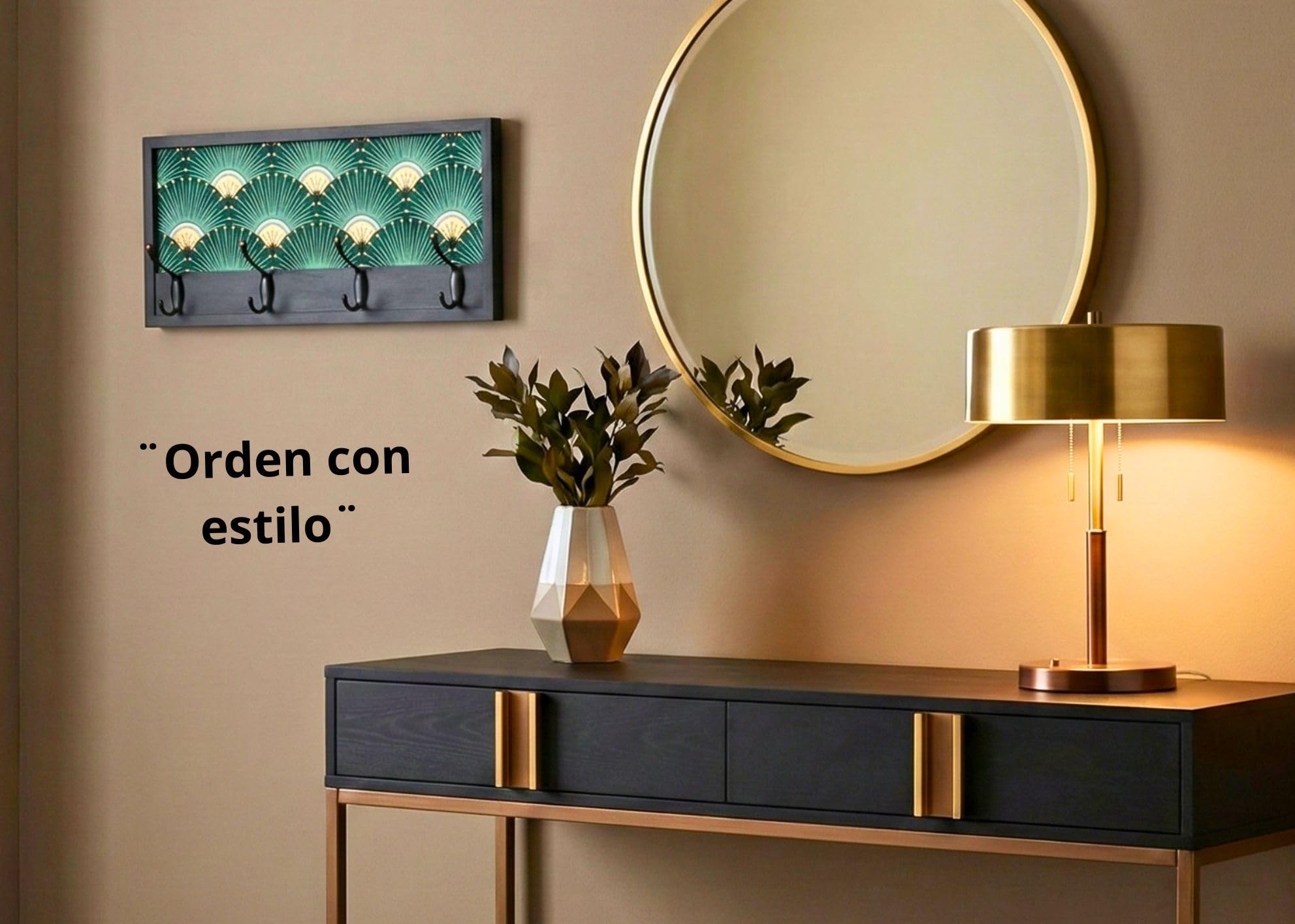 Perchero Pared Madera 52x25cm Art Décó Negro 4 Ganchos