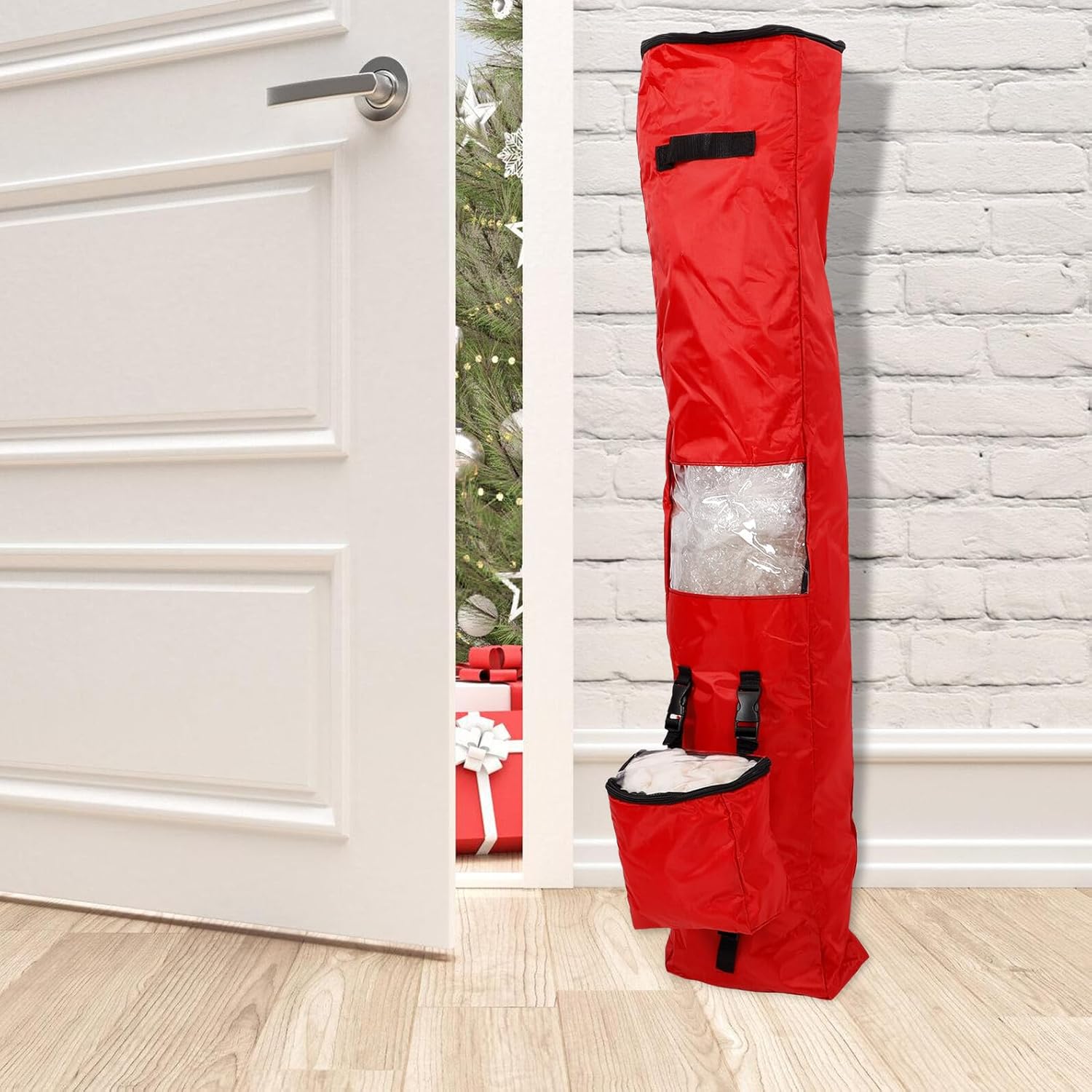 Christmas Wrapping Paper Storage Bag with Oxford Fabric, Multi-Layer Foldable Pouch for Xmas Wrap and Present Organizer, Red Holder for Holiday Supplies and Home Organization