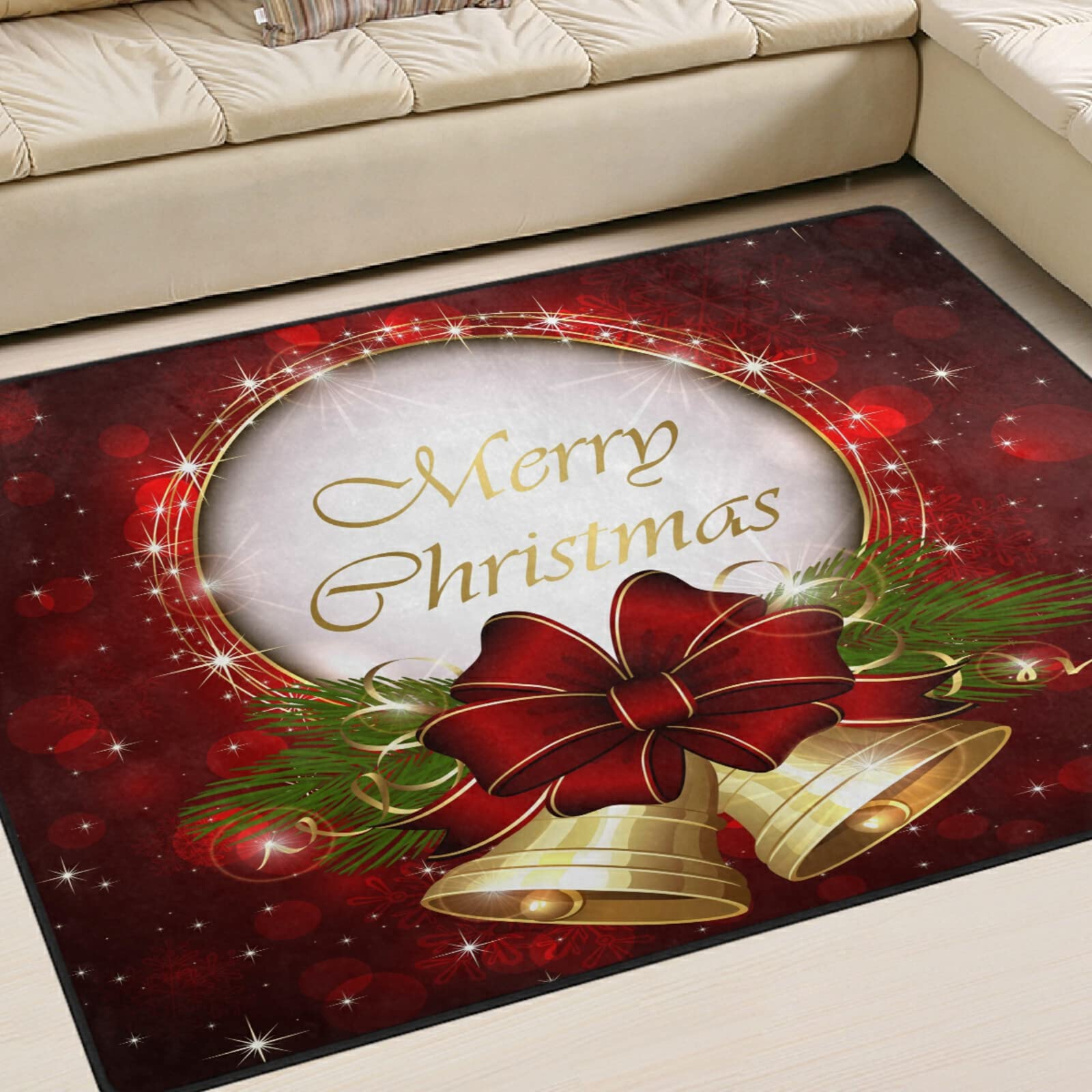 SUABO Christmas Area Rug, Bells Non Slip Area Rug Nursery Rug Floor Mats for Living Room Bedroom Decor 5'x6.7'