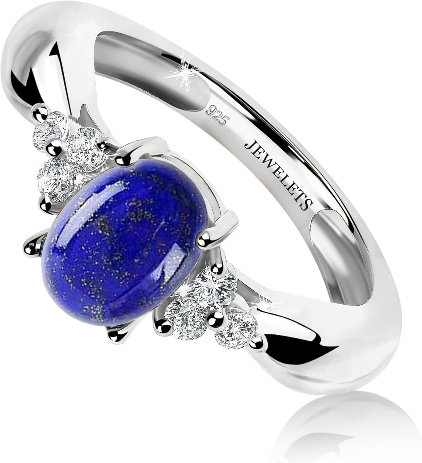 Lapis Lazuli Silver Ring 6x8mm with 6 CZ Side Stones – Oval Prong Setting | Rhodium Plated Sterling Silver