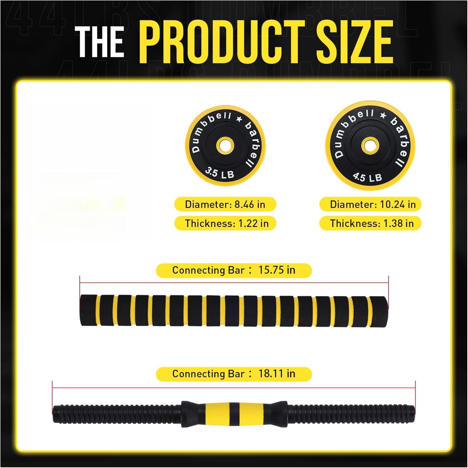2-IN-1 Adjustable Dumbbell Set for Home Gym, 44 LBS Weight Set for Dumbbell and Barbell, Yellow