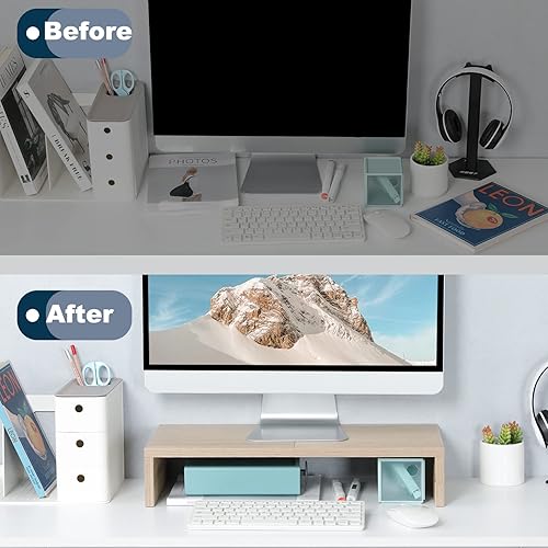 Miniatura 7 de TEAMIX Soporte elevador de monitor de arce de 20 pulgadas + 14.2 pulgadas, soporte de monitor de madera para escritorio, TV, pantalla, PC,