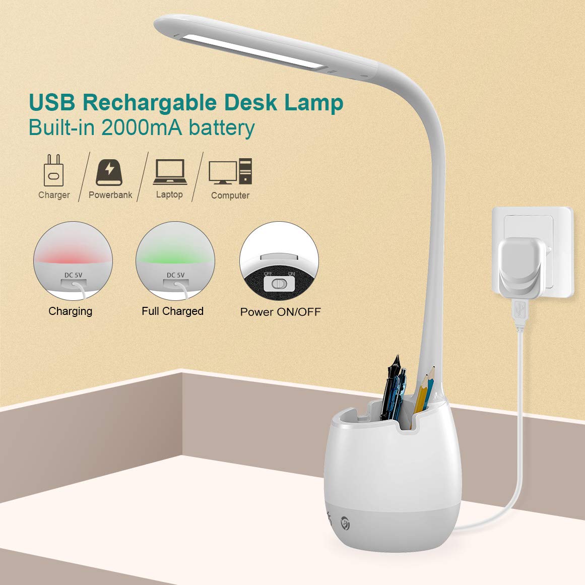 ERAY Lampe de Bureau Enfant, Lampe de Table D'étude Eye Caring avec Porte-Crayon/Batterie 2000mAh/8 Veilleuse Colorée/3 Modes/3 Niveaux de Luminosité/Contrôle Tactile, Lampe de Chevet pour Enfants