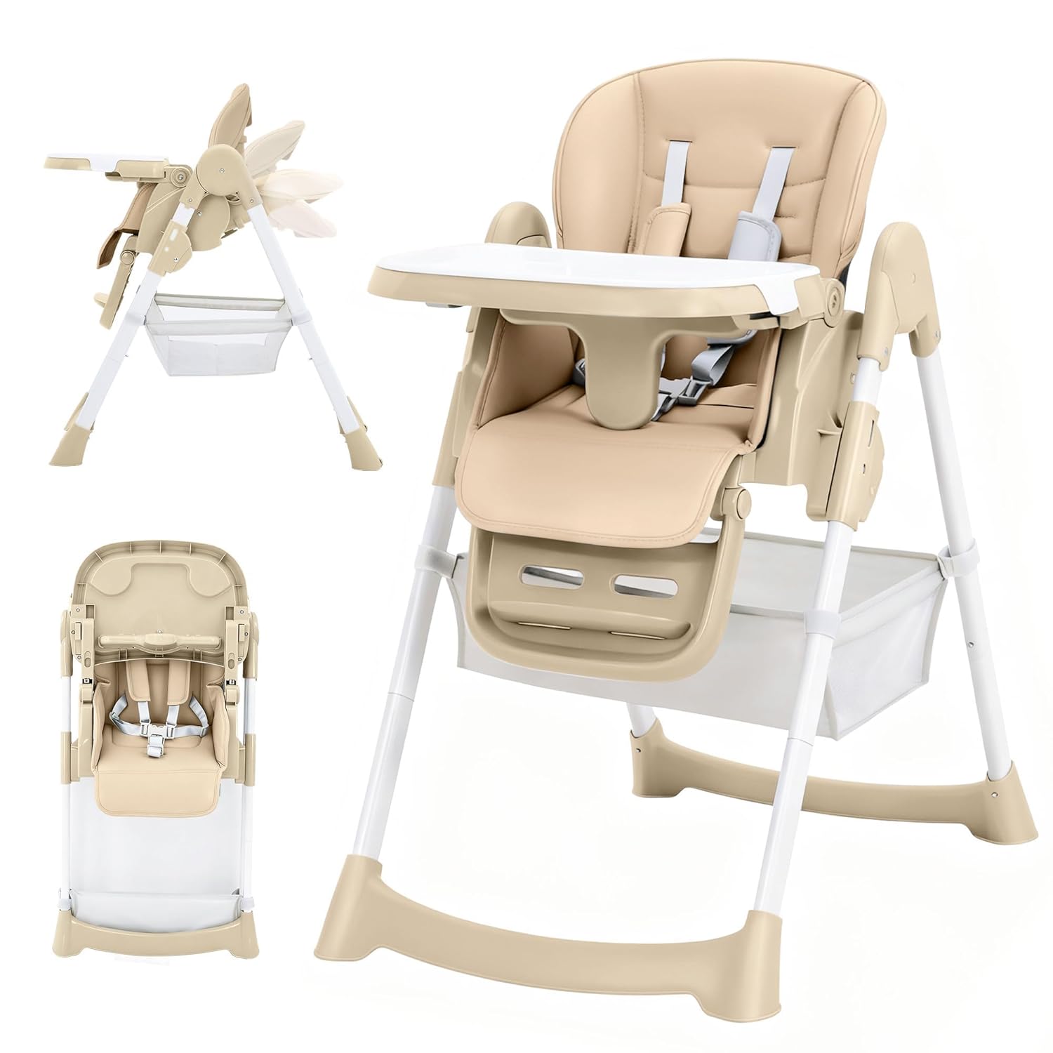Baby High Chair, Foldable Portable Highchair for Infants & Toddlers, 7-Height Adjustable, 4-Position Backrest, 3-Level Footrest, Removable Tray, 5-Point Harness & PU Leather Cushion, for 6-36 Months