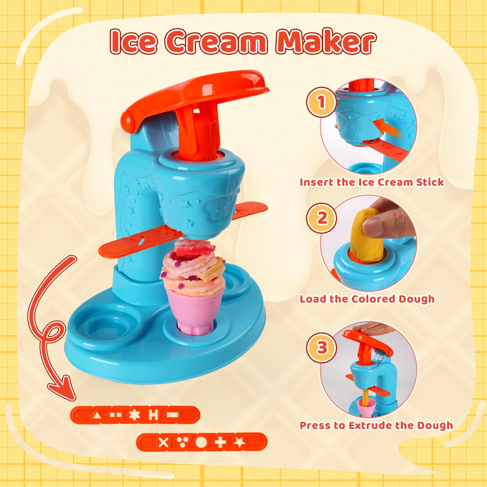 Juego de creaciones de cocina de masa de color 3 en 1 para niños de 3 a 8 años, juego de masa de 24 colores con fabricantes de helados, fideos y hamburguesas, modelado de alimentos, manualidades 4