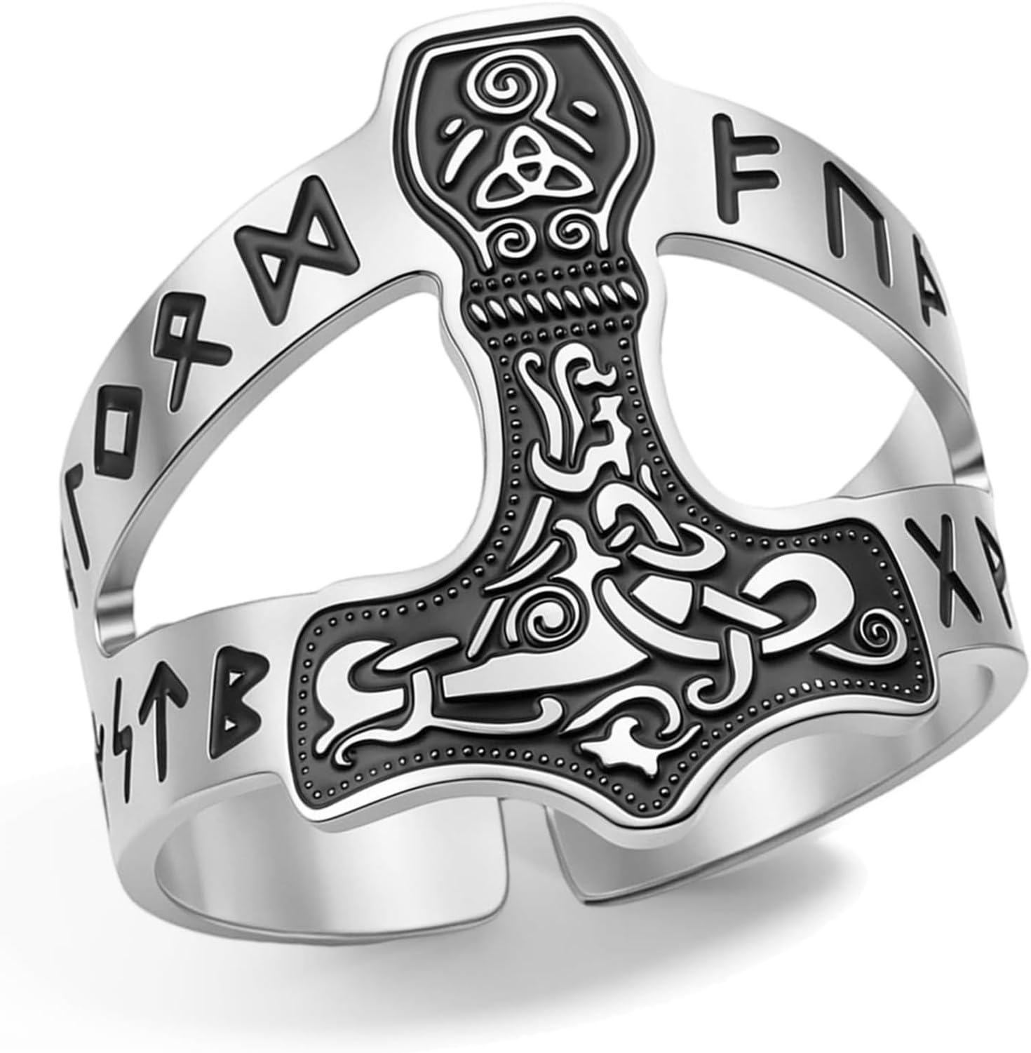 XIUNYIE Viking Thor's Hammer Ring for Men Women Stainless Steel Norse Mjolnir Rings with Runes and Celtic Knot Mythology Amulet Pagan Jewelry Gift, Silver