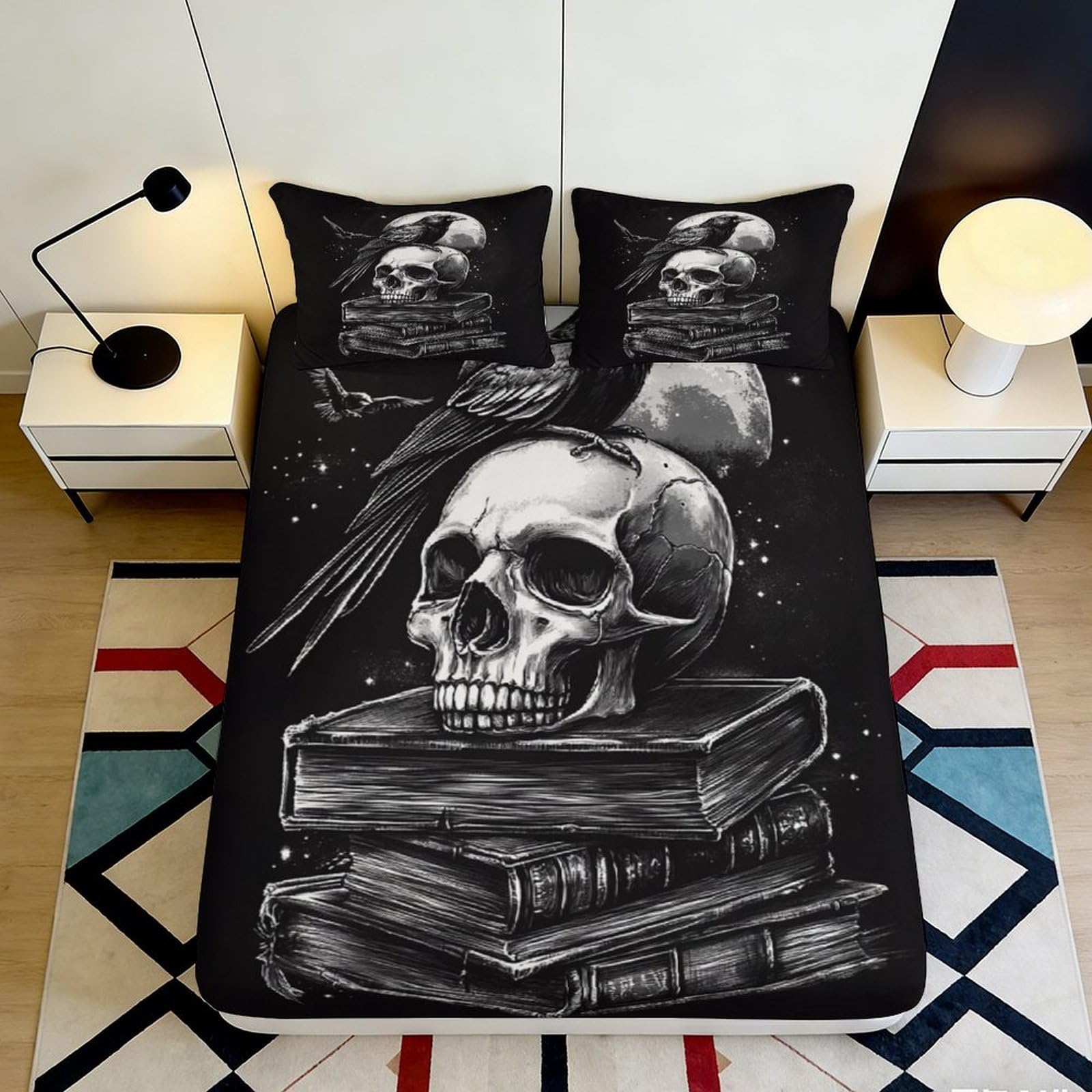 3D Printed Skull and Raven Fitted Sheet Microfiber Soft Breathable Gothic Books Bed Cover for Bedroom Dormitory Guest Room Mattress Protection 120x200x25cm