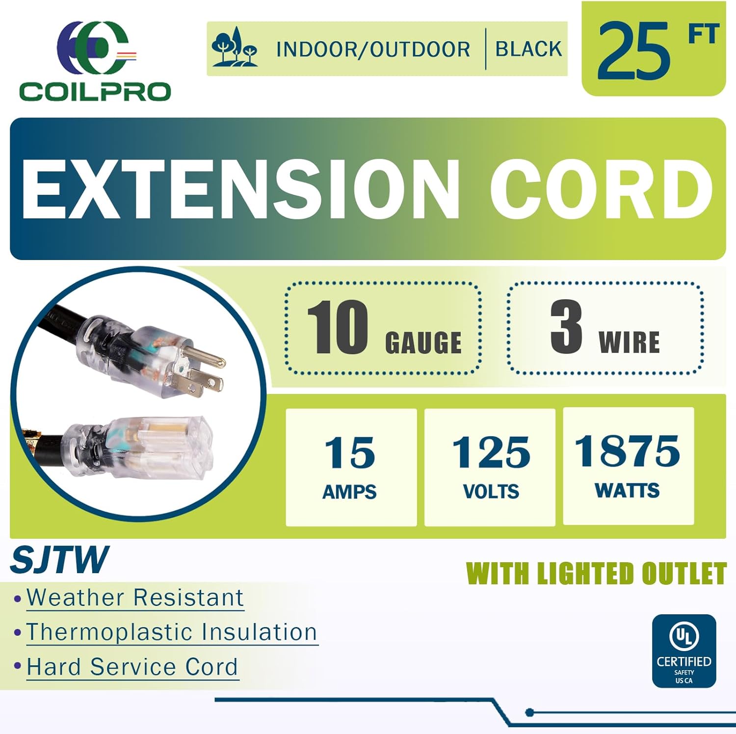 25FT Outdoor Heavy Duty Extension Cord-10/3 SJTW Durable Extension Cable with 3 Prong Suitable for Gardens