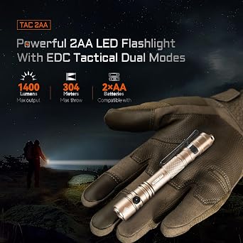ACEBEAM TAC 2AA EDC Tactical Dual Modes Flashlight, 1400 High Lumens Flashlight, Dual Switch Pocket LED Flashlight, Super Bright Small Flash Light for Emergency, Camping, Home(SFT-25R HI)