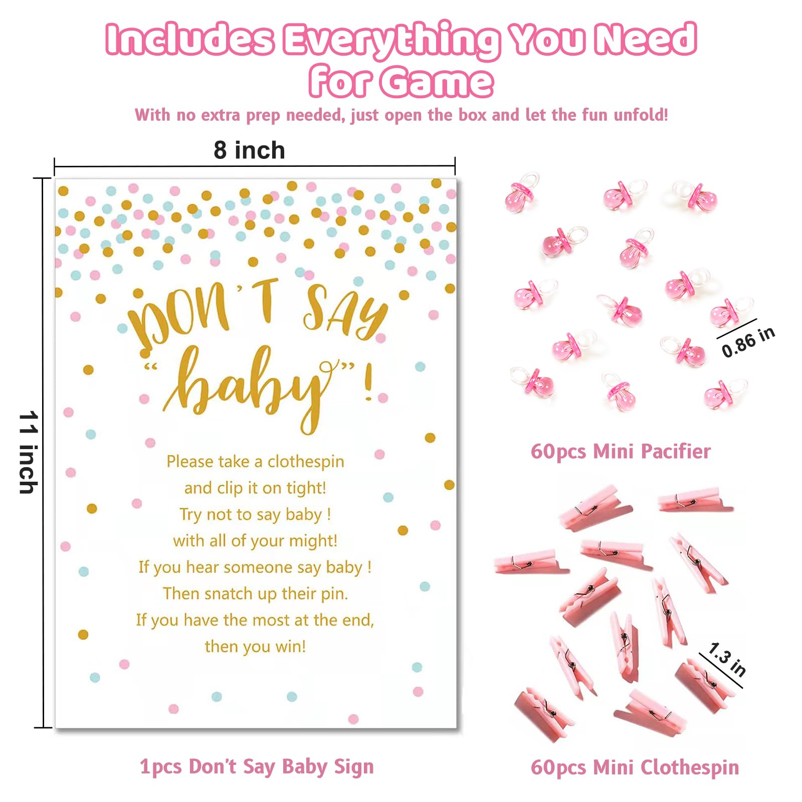 Baby Shower Clothespin gra zawiera jeden znak 'Don't Say Baby ' 8 × 11 i 60 mini różowych spinaczy do bielizny 60 mini smoczków dla niemowląt