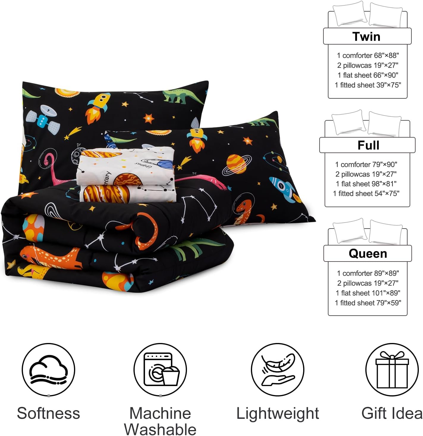 Aimuan Space Dinosaur Comforter Set Kids Animals Bedding Set Super Soft & Cute Aliens UFO Dinosaur Printed for Boys Girls Teen (Black-Green, Twin 5Pcs)