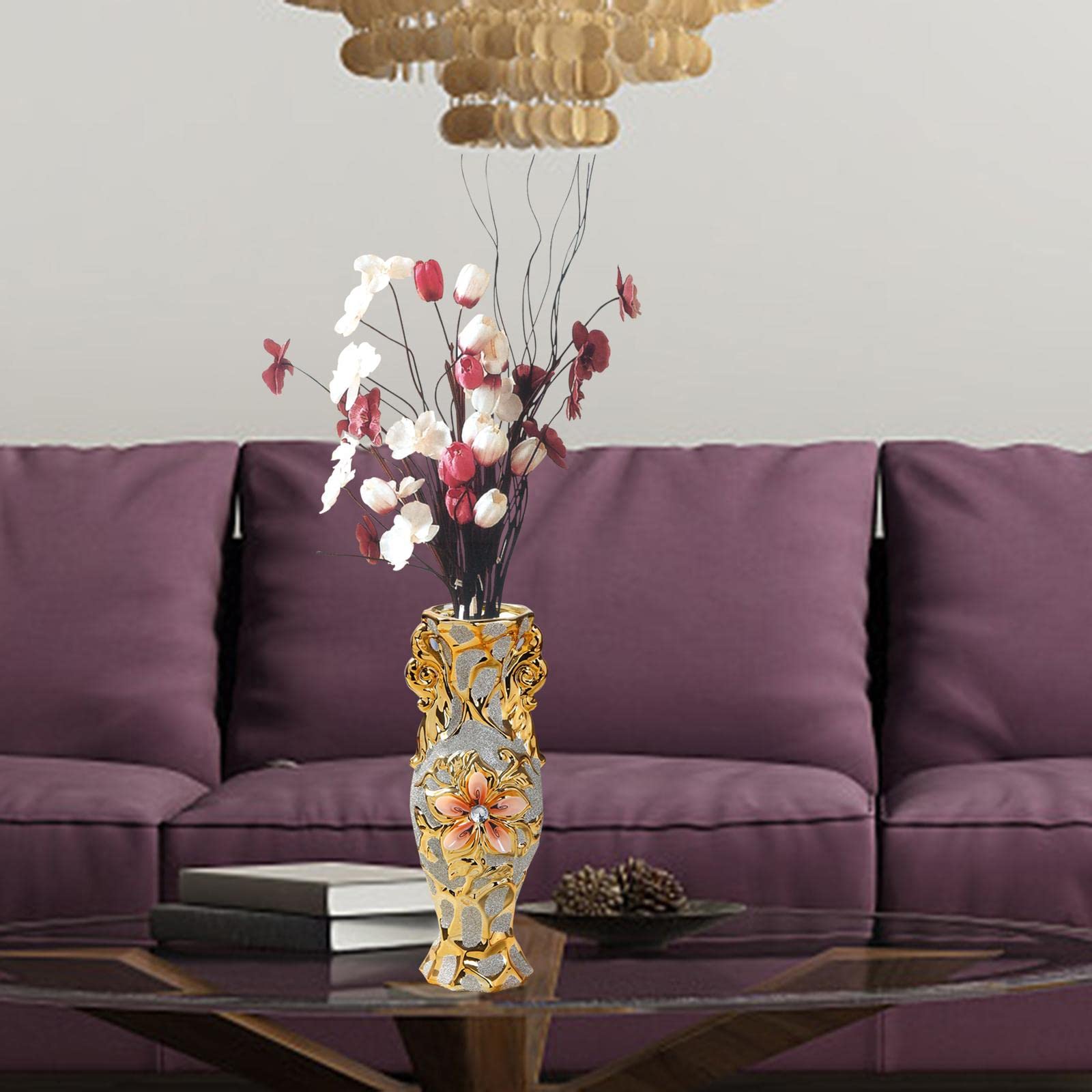 Keramikvase Europäischer Stil Blumenvasen Deko Ornament Tischdeko Goldene Muster Eleganz Aus für Hochzeit Geschenk Wohnzimmer Büro Café Bar Re, StilA