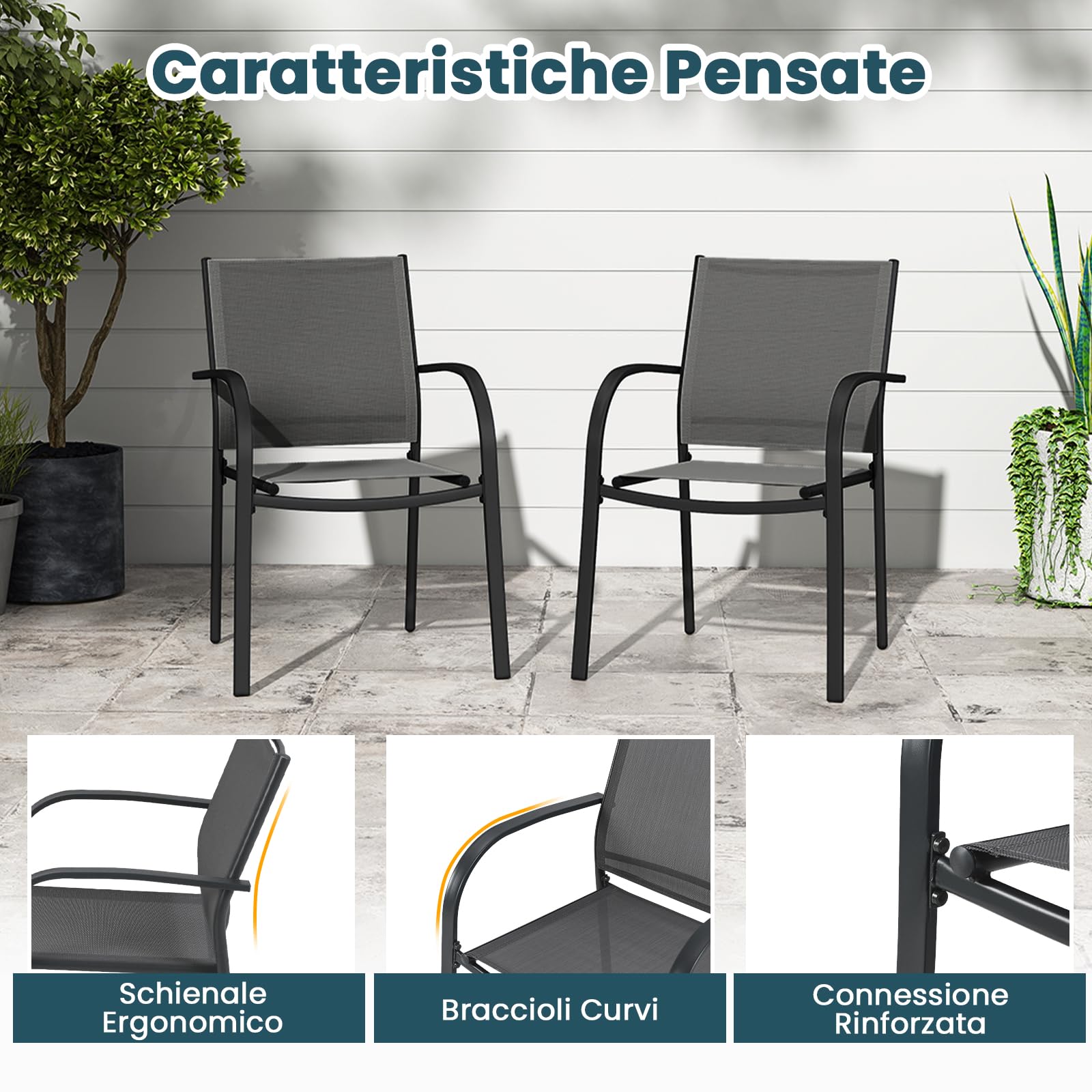 COSTWAY Set di 2 Sedie da Giardino Impilabili in Metallo | Poltrona da Esterno per Giardino Piscina Balcone, Seduta e Schienale Traspiranti, Portata 150 kg