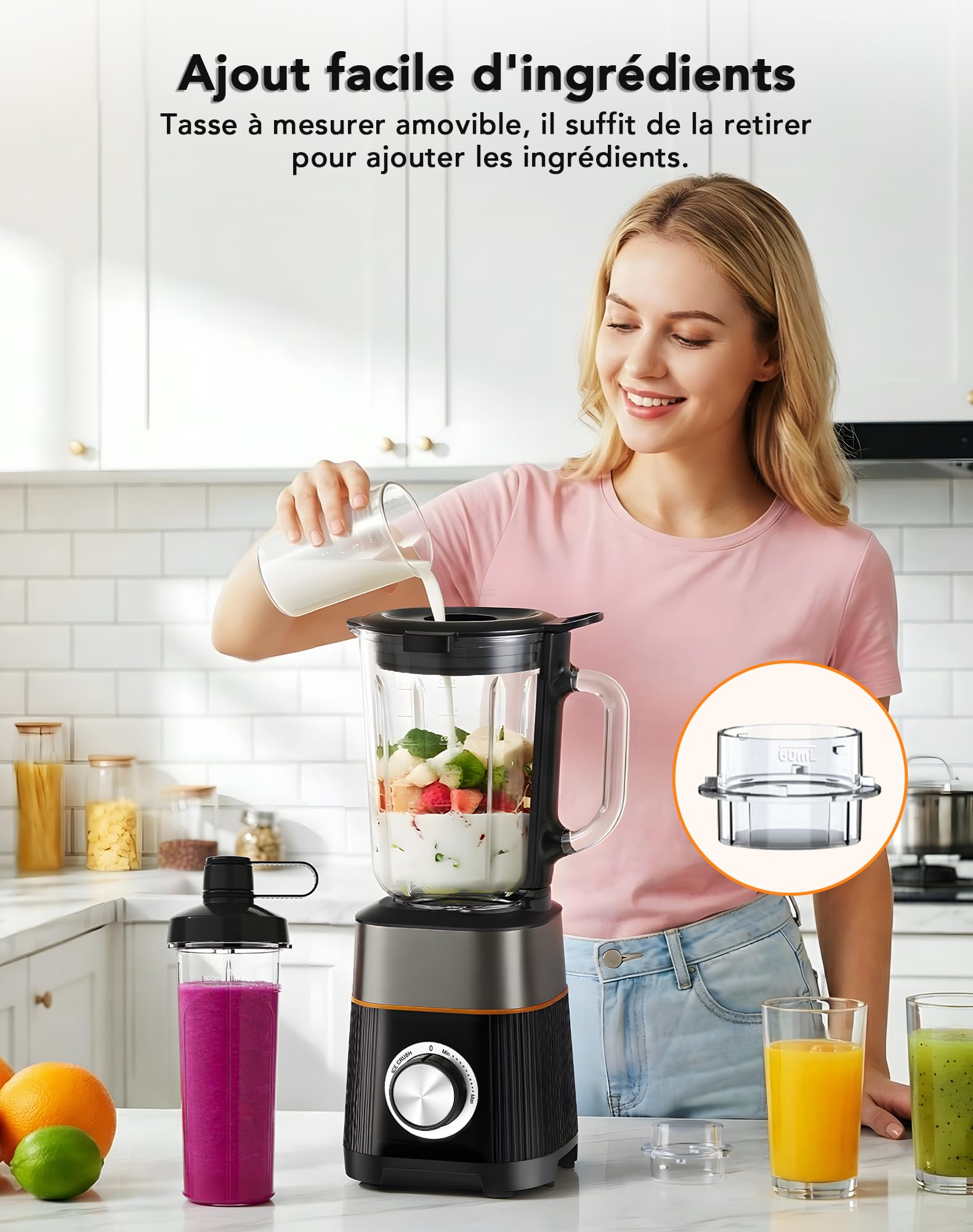 Blender, Mixeur 1000W, Blender Smoothie 2 en 1, Bol en Verre 1.5L + Bouteille Portable 600ml Sans BPA, Lames Inox 304 pour Glace, Auto-nettoyant, Réglage Continu Vitesse