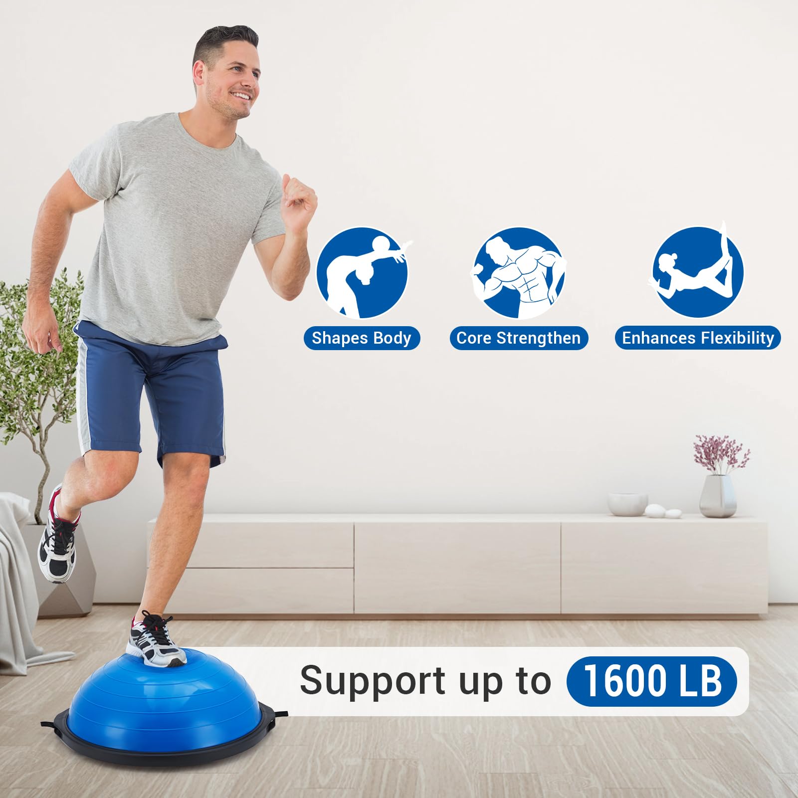 25 Zoll Balanceball, 726 kg (1600 Lbs) Halb-Gymnastikball Mit Rutschfester Unterseite, Aufblasbarer Halb-Yogaball, Krafttrainingsgerät Mit 2 Widerstandsbändern, Fußpumpe, Ersatzball Inklusive