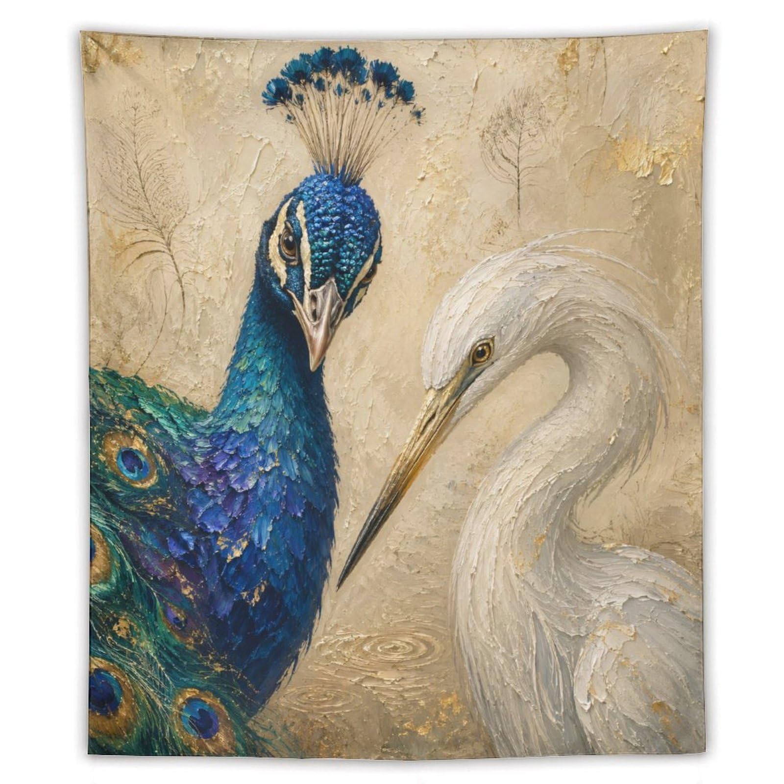 W7C8U2X3 Peacock and Egret Wall Tapestry, Oil Painting Style, Sofa Area