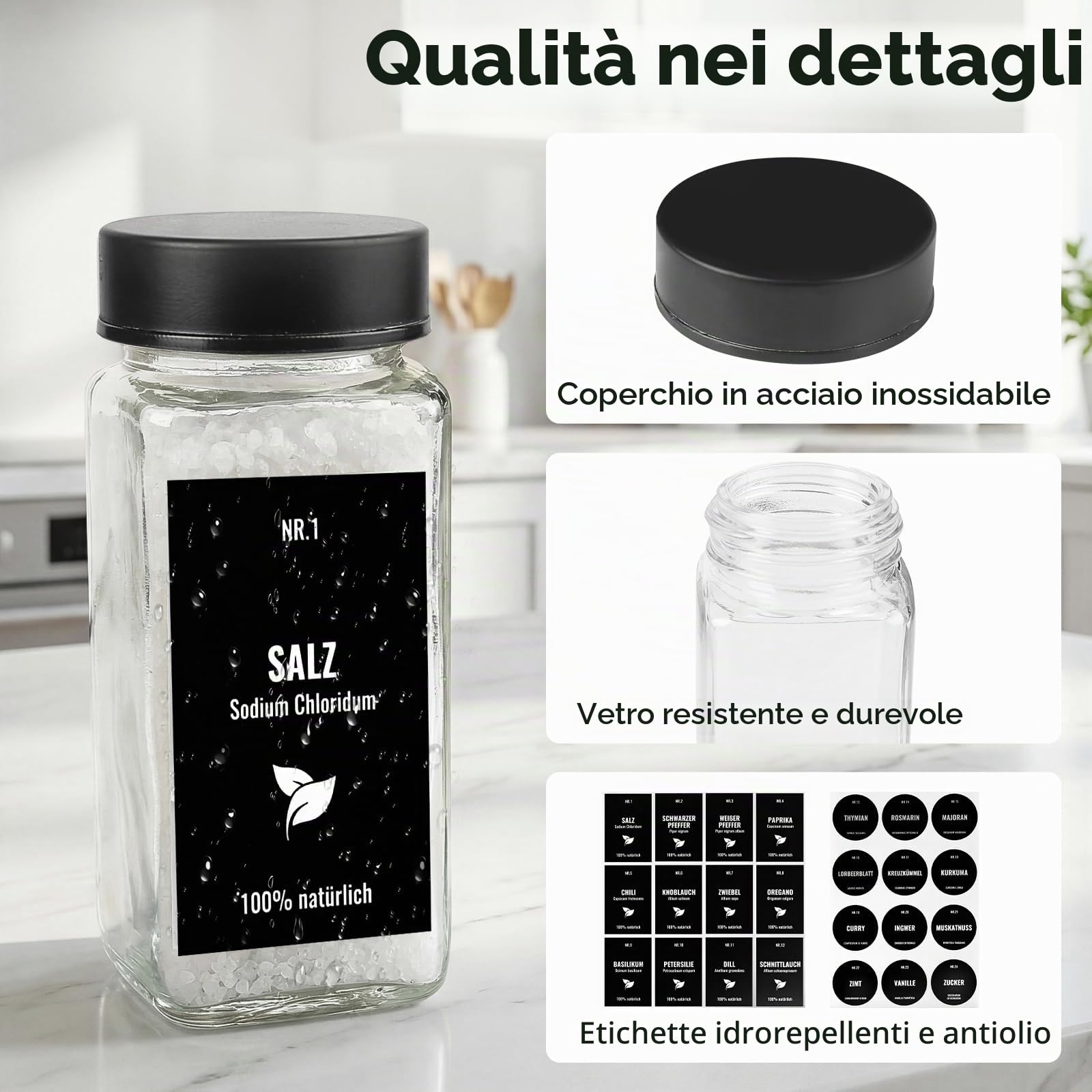 24pcs Barattoli Vetro per Spezie con Coperchio In Acciaio Inossidabile, 120ml Contenitori Spezie per Cucina, Kit per Condimenti con Etichette, Imbuto, Spazzola, Pennarello (Nero)