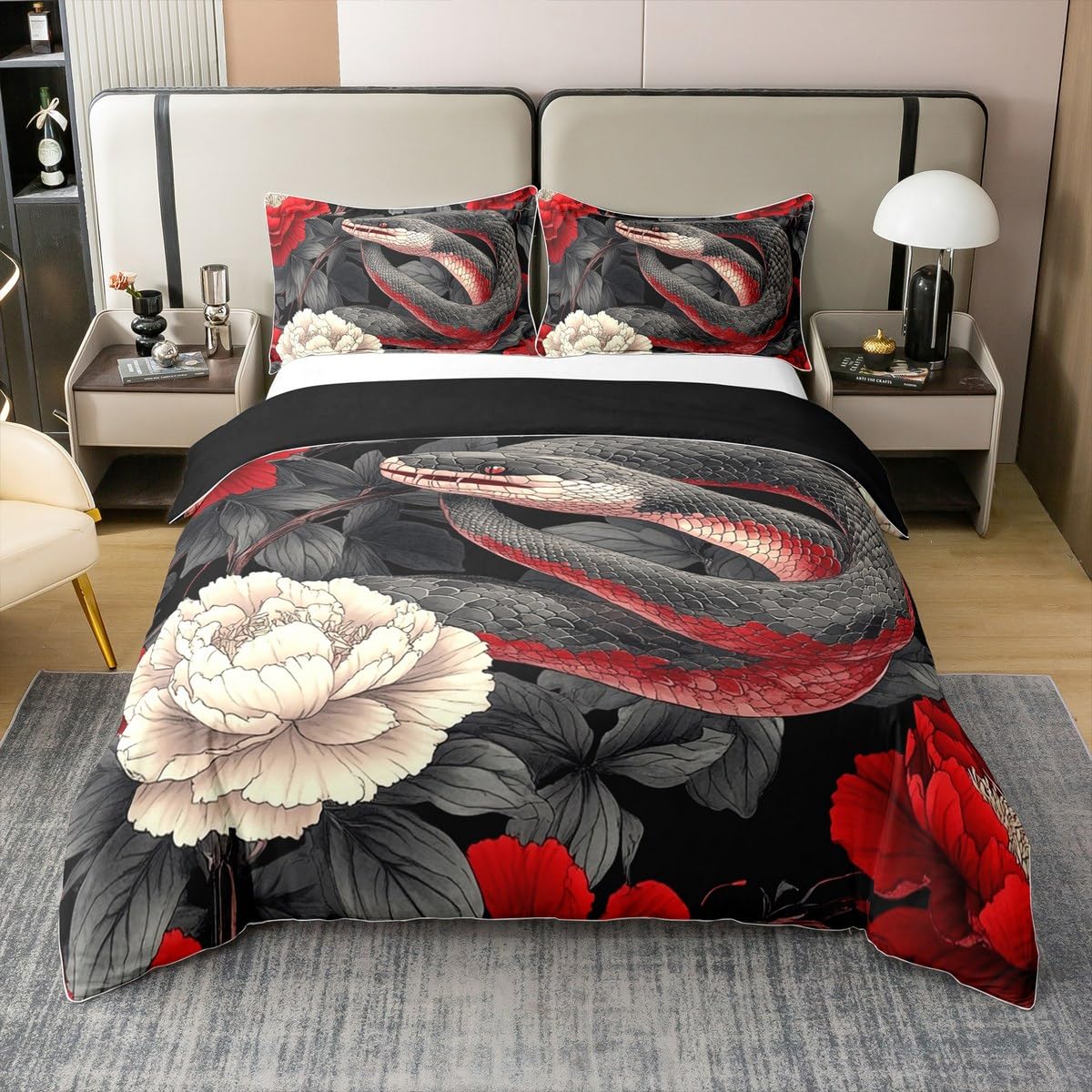 Homewish Copripiumino Giapponese 240x260 Cm – 100% Cotone, Set Con 2 Federe 65x65 Cm, Tema Ukiyo-e Gru E Onde Rosse - 4