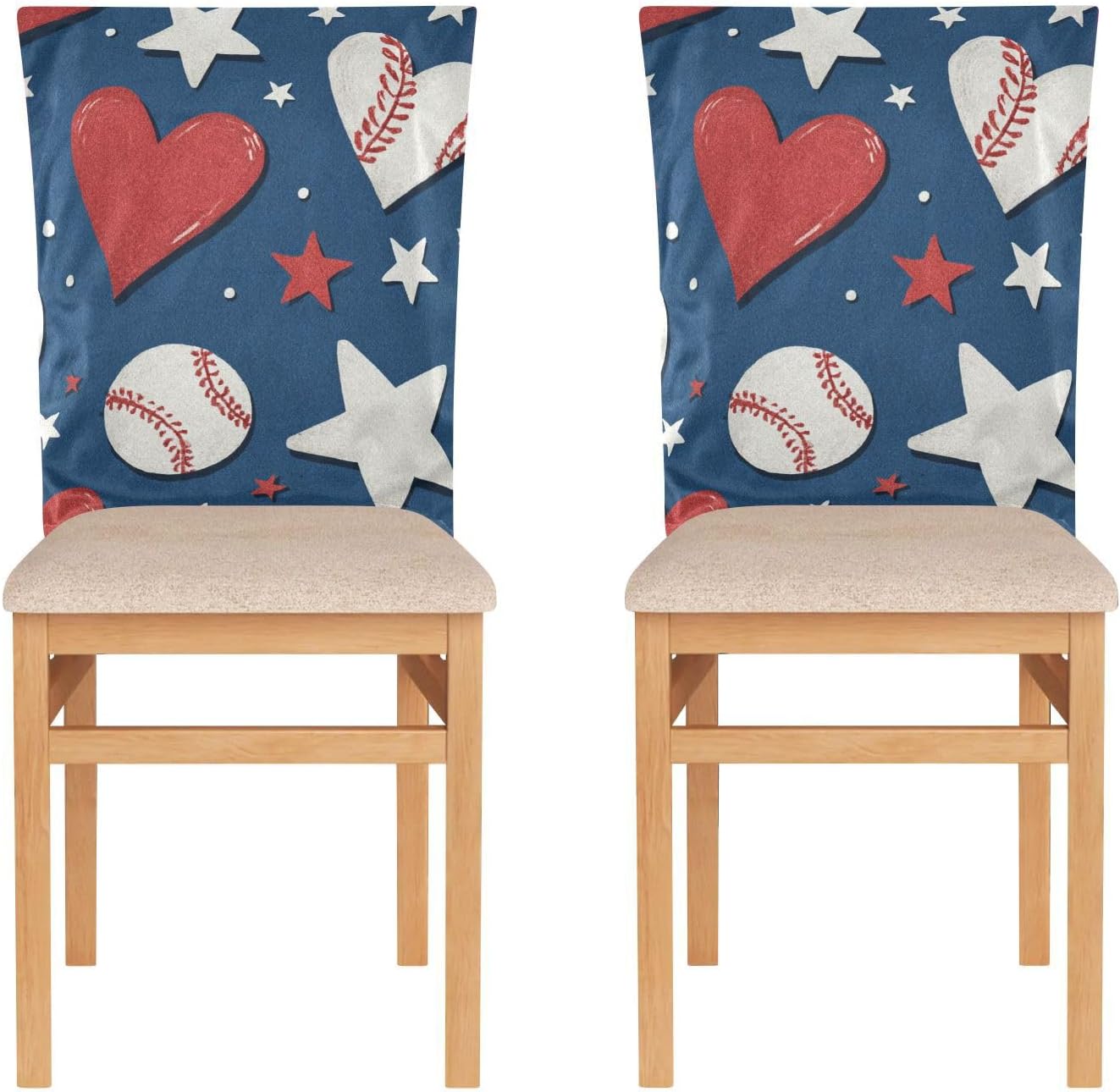 ALAZA Stars Hearts Baseballs Chair Back Cover Set of 6, Washable Reusable Removable Chair Slipcovers Decorative Chair Cover for Home Kitchen Wedding Party