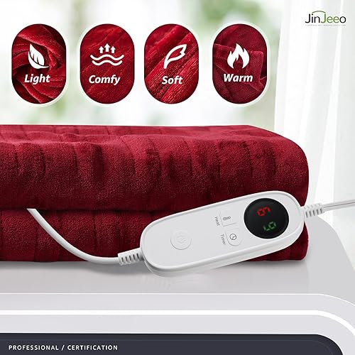 Miniatura 2 de JinJeeo Manta térmica de 62 x 84 pulgadas, manta eléctrica de franela roja, manta de calentamiento rápido, 6 ajustes de calor, apagado automático de