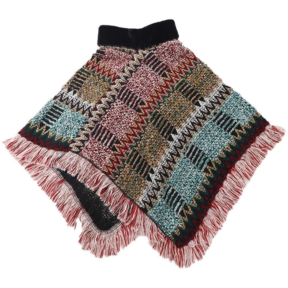 Fituenly Women's Red Autumn Winter Capes Poncho With Fringe Crochet Cape National Pullover Knitted Cloak Warm Wool Shawl For