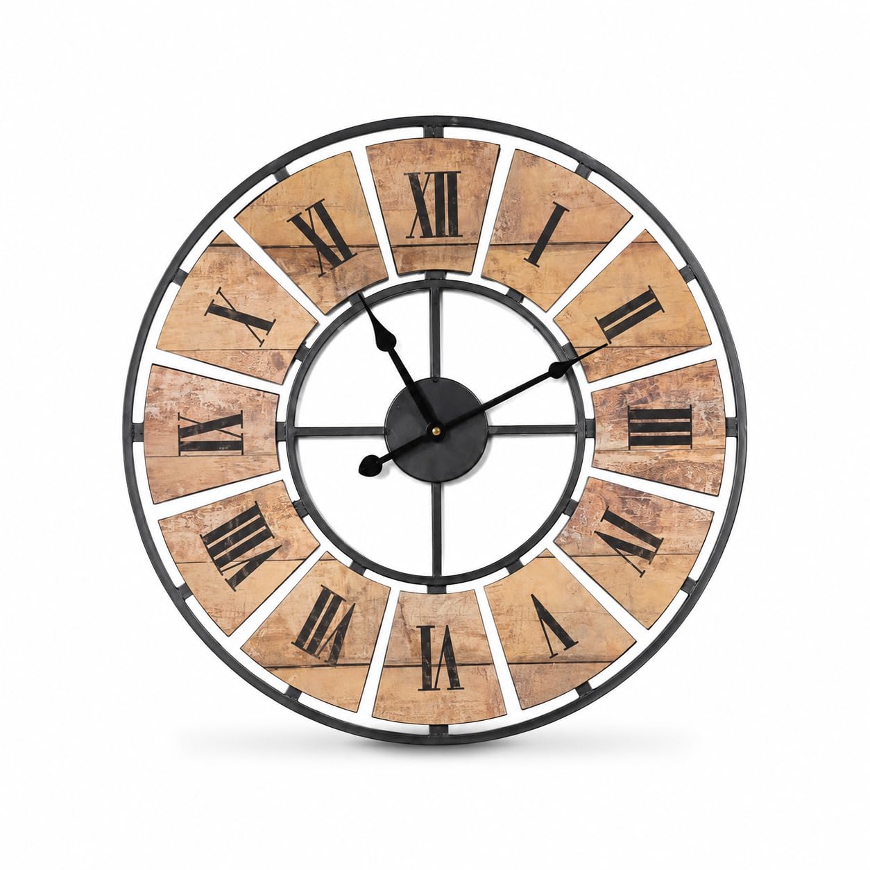 K&L Wall Art Reloj de pared grande vintage, metal y palé, sin ruido de tictac, moderno XL, números romanos (metal, aspecto de madera, 50 cm, madera antigua)