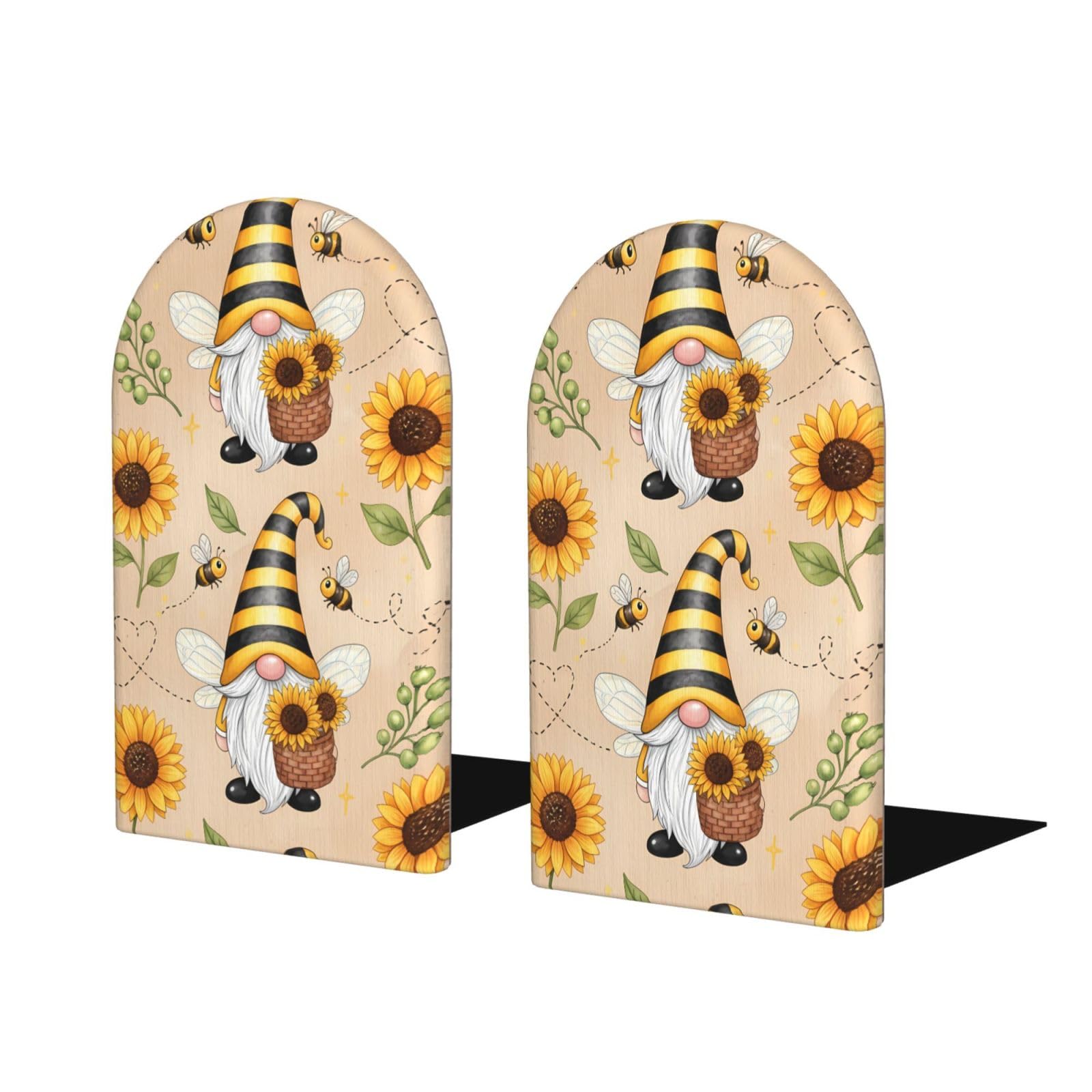 Wood Bookends for Shelves, Cute Gnome Bee Sunflower Decorative Non-Slip Book Ends for Office Home Decor, Aesthetic Book Stopper/Stands/Holder, Book Dividers, Desk Organizers