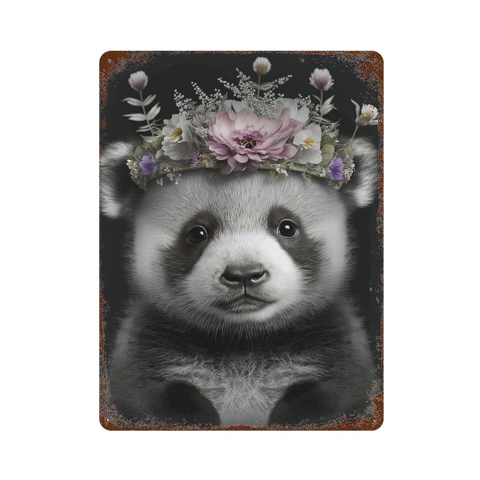 Cute Baby Fluffy Panda Distressed Metal Wall Sign 15.7"x11.8", Ideal for Garage, Bar And Workshop Decor