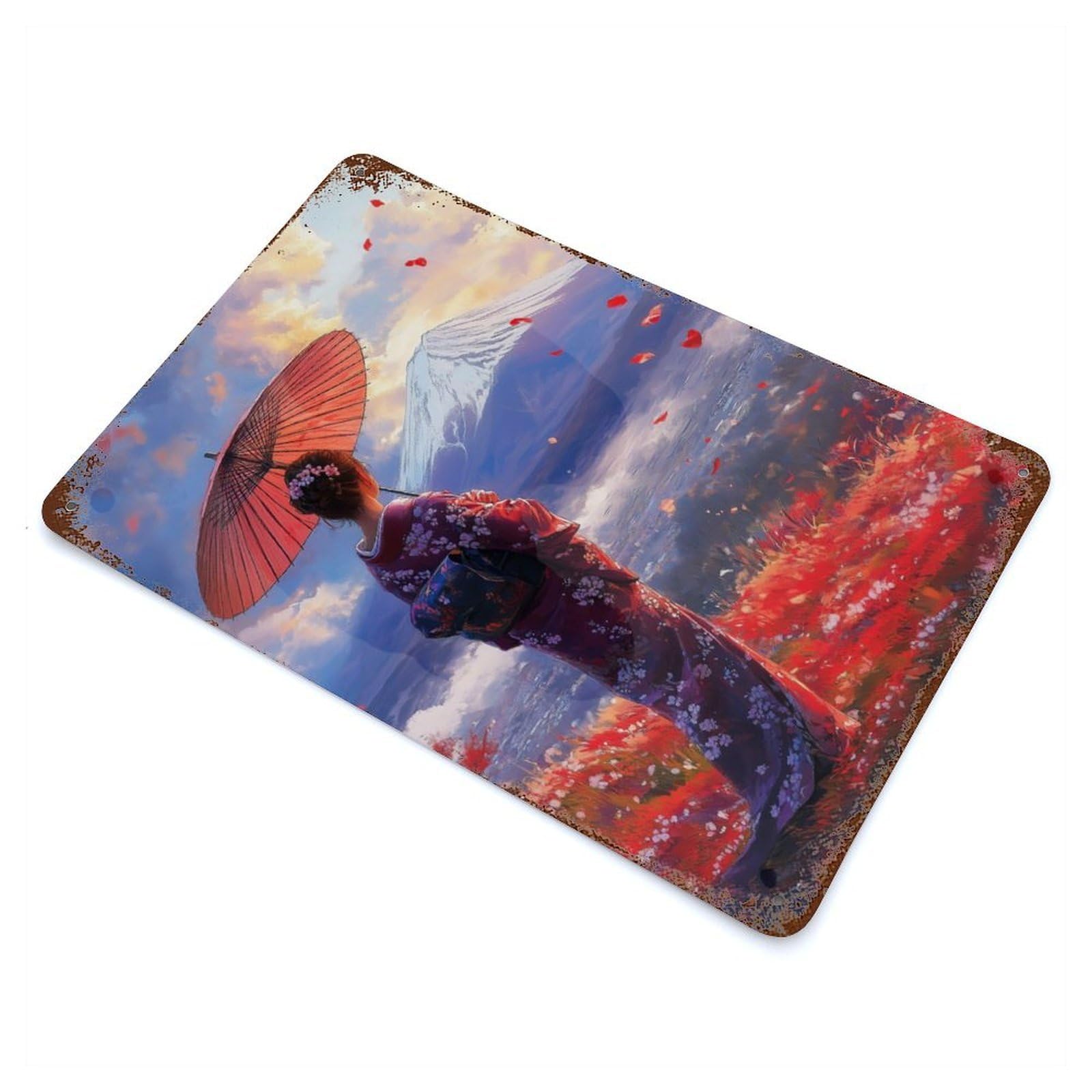 Garage Style Geisha Looking at Fuji Vintage Rust Metal Sign 11.8"x7.9", Vintage Wall Decor for Bar And Workshop