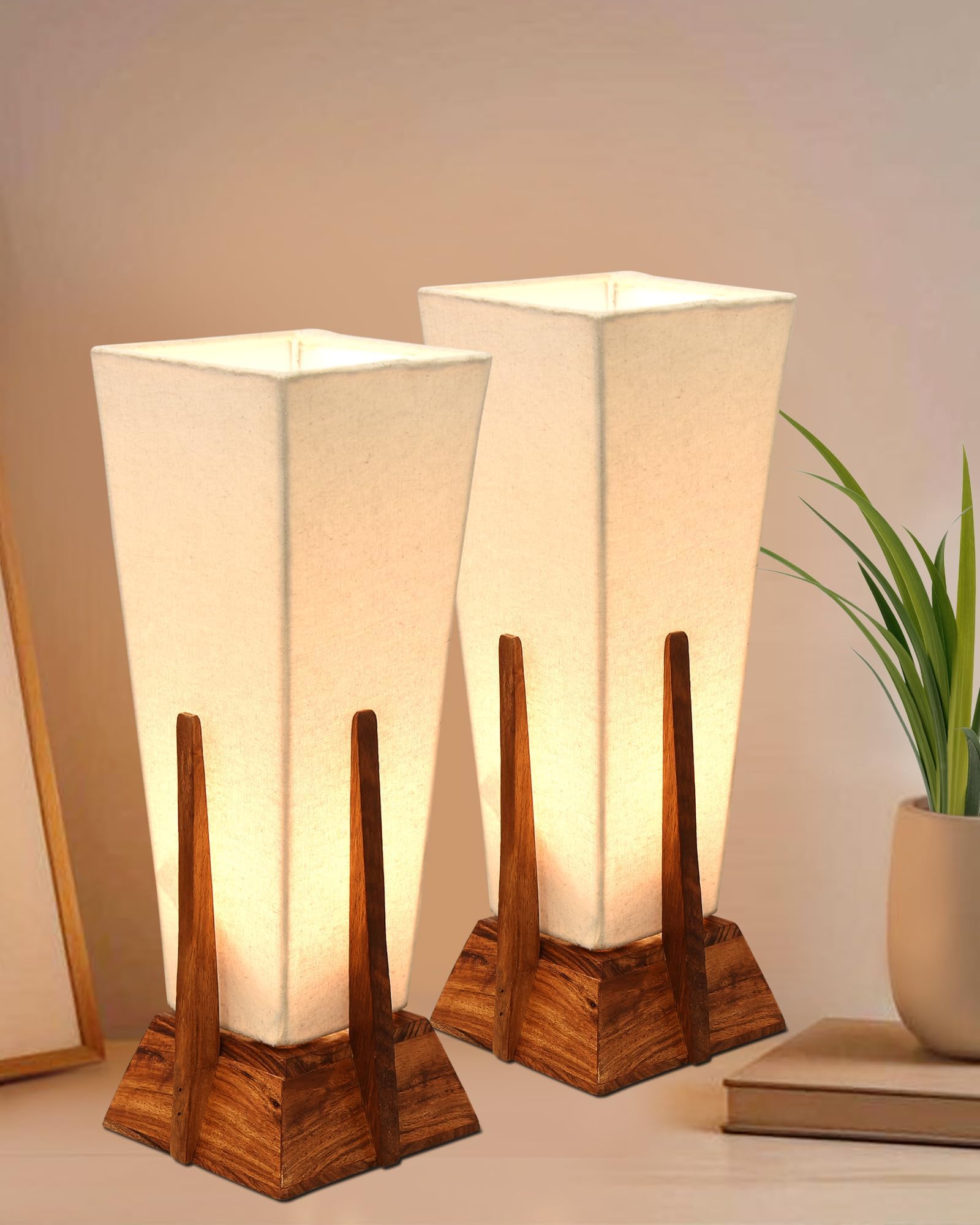 Homesake® Bedside Table Lamp, Retro Style Sheesham Wood Pyramid Table Lamp with Beige Fabric Shade, Nightstand Mini Desk Lamps for Bedroom, Living Room, Baby Room, Bookcase (Sheesham Set of 2)-picture-13