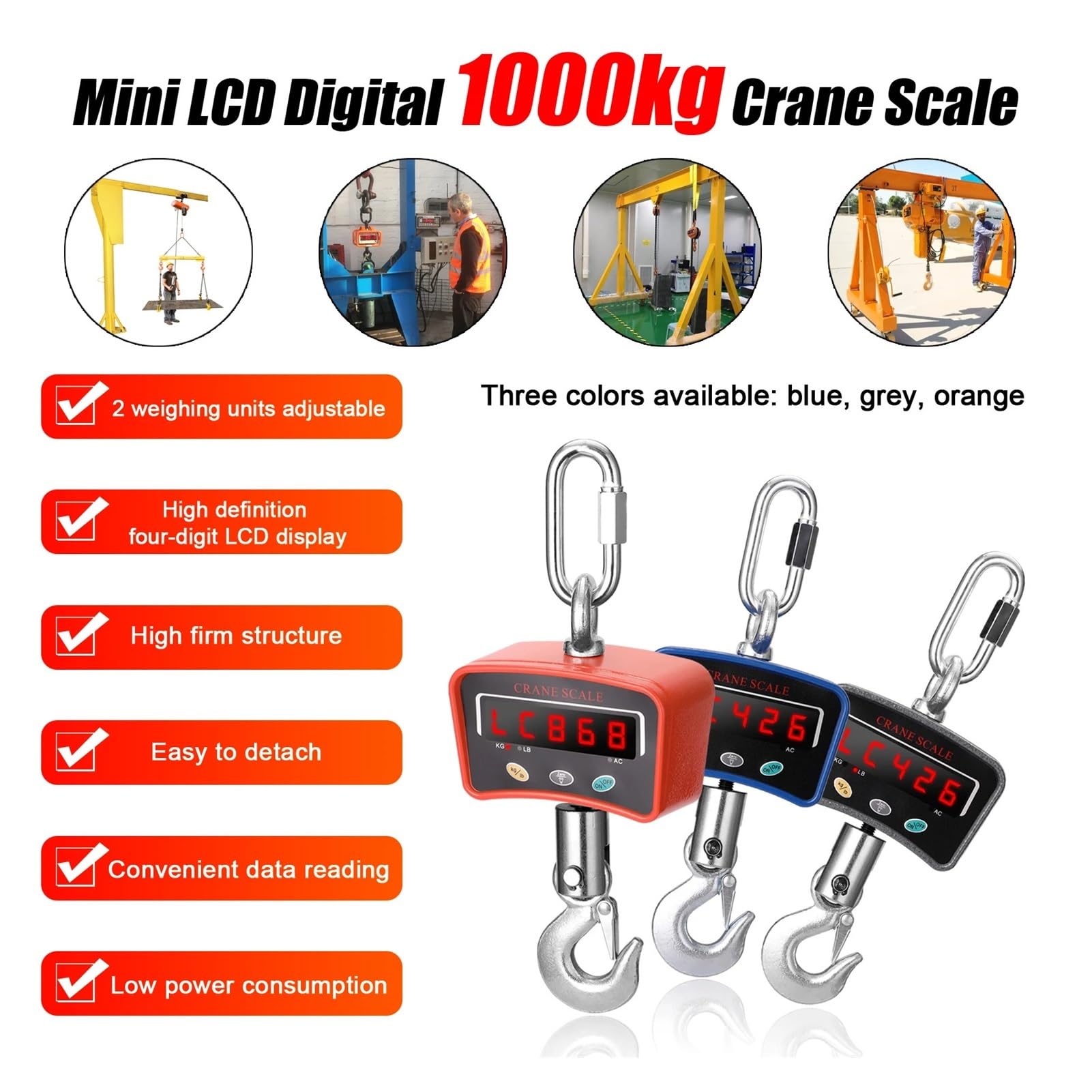 Báscula Digital LCD 500 1000KG 1500KG Báscula De Grúa Báscula Electrónica Industrial Portátil De Peso Pesado Báscula Colgante Con Gancho(A 1000kg)