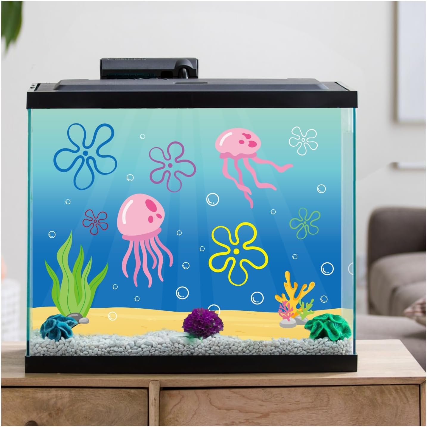 Fish Tank Jellyfish Sticker Decor - 2PCS 16.14 x 12.2 Inches Under the Sea Aquarium Background Stickers Decoration, Removable PVC Cartoon Underwater Beach Fish Tank Terrarium Background Decor S