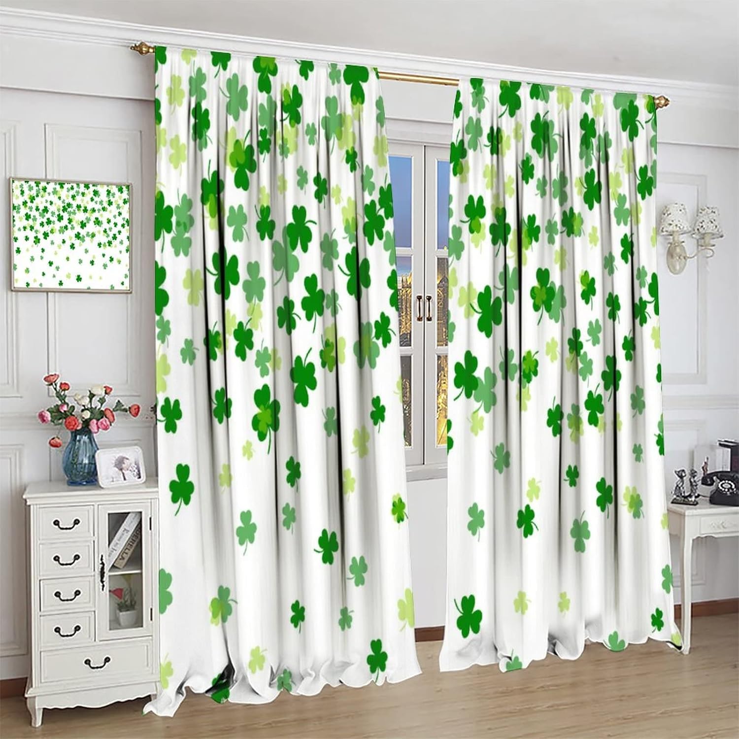 Green Clover Shamrock Leaf Kitchen Curtains,St. Patrick's Day Theme Fabric Window Door Curtains 2 Panel Set for Living Room Bedroom Bathroom Home Decor W42xL54in