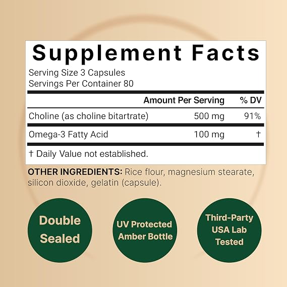 NatureBell Choline 500 mg with Omega-3 Fatty Acids, 240 Capsules | Extra Strength 2-in-1 Choline Bitartrate Formula | Non-GMO