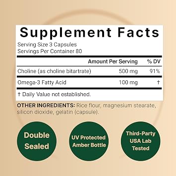 NatureBell Choline 500 mg with Omega-3 Fatty Acids, 240 Capsules | Extra Strength 2-in-1 Choline Bitartrate Formula | Non-GMO