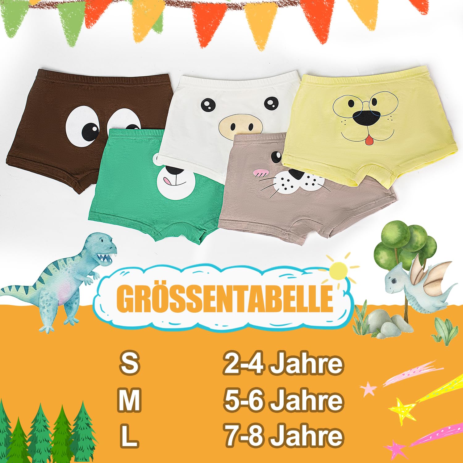 Boxershorts Jungen Kinder 5er Pack, Unterhose für Kleinkinder 2-8 Jahre Weiche Unterwäsche Dinosaurier Tier Muster Schlüpfer