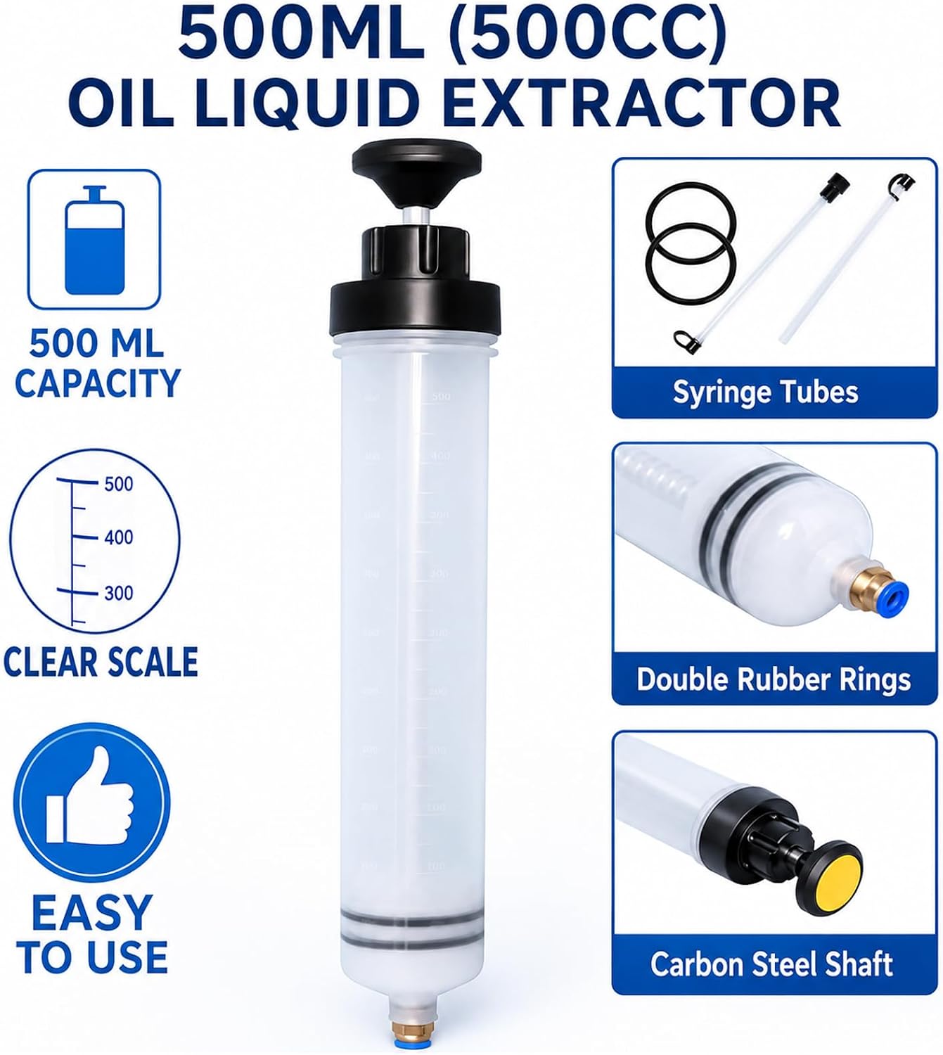 Poweka 500mL(cc) Fluid Extractor Syringe, Manual Oil Liquid Transfer Pump