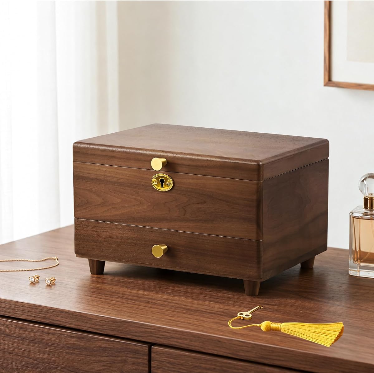 Joyero con cerradura de nogal negro con pies, estuche de madera de 3 capas para mujer | Almacenamiento de madera maciza para collar, anillo, pendiente, reloj, pulsera, hecho a mano, cajón, llave de bloqueo, bandeja extraíble, regalo para mamá y niña