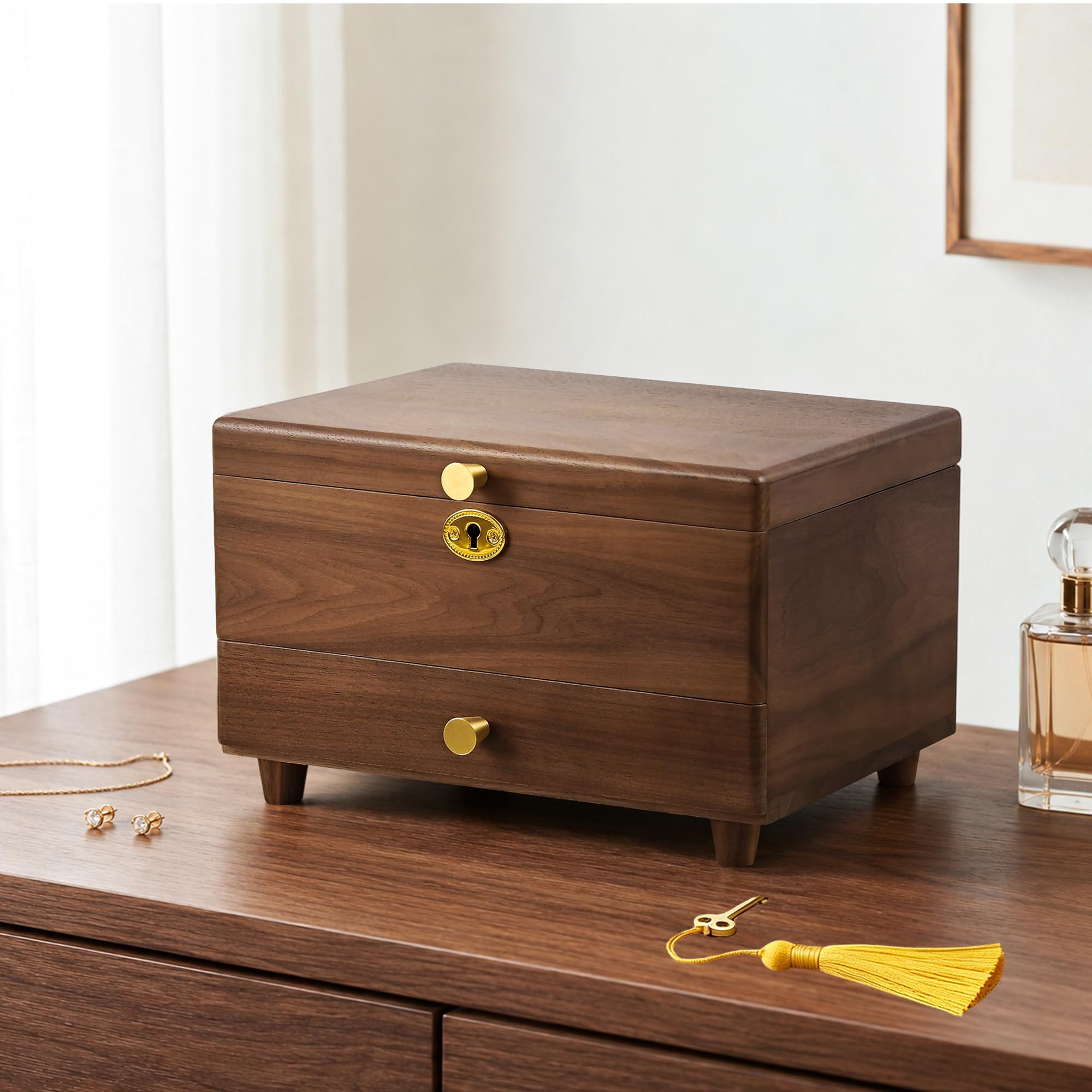 Black Walnut Lockable Jewelry Box with Feet, 3 Layer Wooden Case for Women
