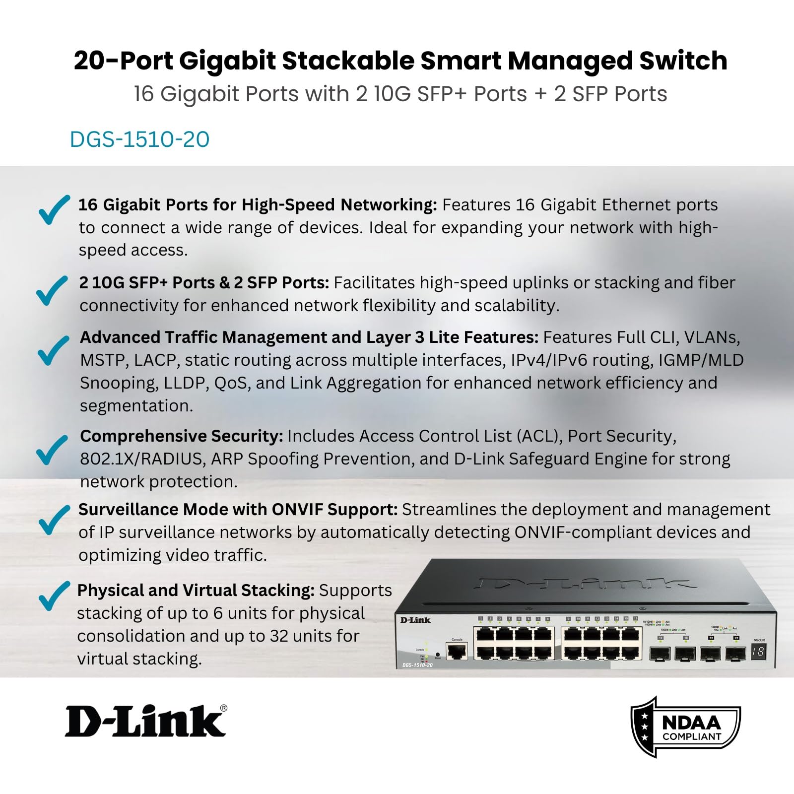 D-Link DGS-1510-20 Switch Smart Manageable 20 Ports Gigabit 10/100/1000mbps - Idéal pour Entreprise Administration et Réseaux Gérés