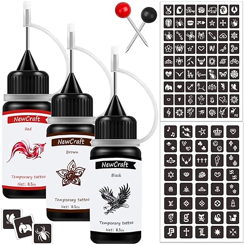 Miniatura 11 de Tinta de tatuaje temporal y plantillas para adultos, adolescentes y niños, kit de tatuaje temporal agradable a la piel, negro, rojo, marrón, verde