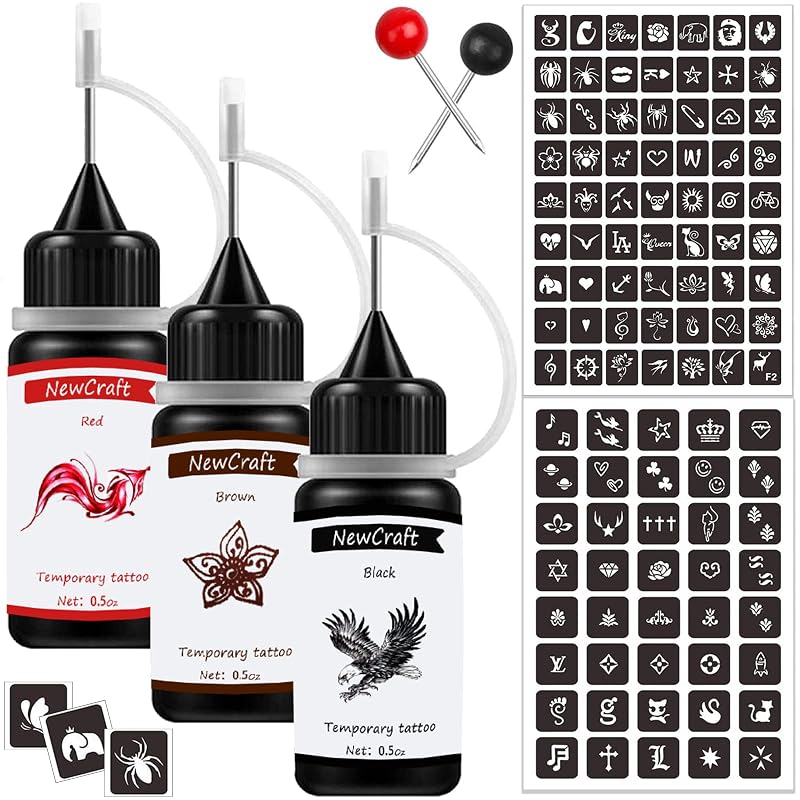 NewCraft Kit de pintura artística temporária com tinta semipermanente para tatuagem, preto, vermelho e marrom, pacote com 3 frascos e 2 conjuntos de estênceis